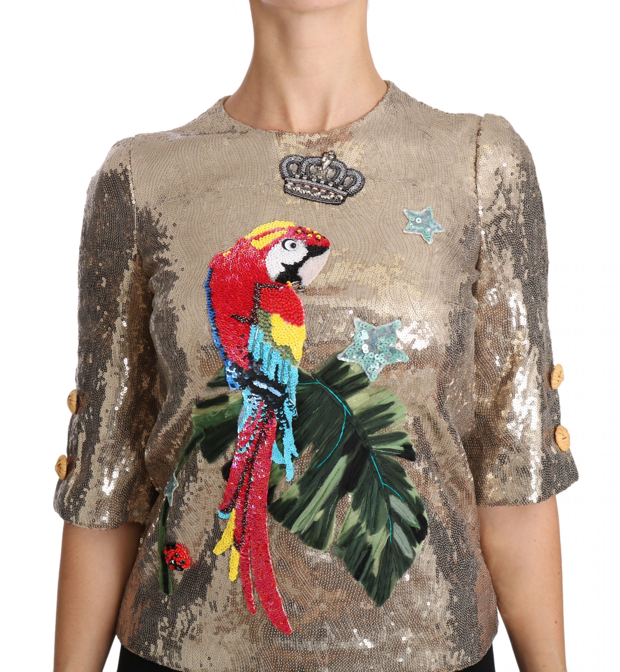 Dolce & Gabbana Gold Sequin Parrot Crystal Blouse-3