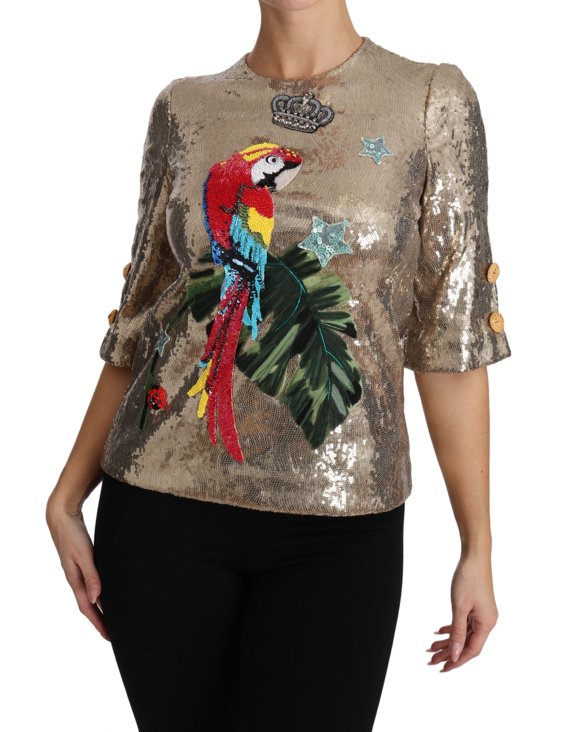 Dolce & Gabbana Gold Sequin Parrot Crystal Blouse-4