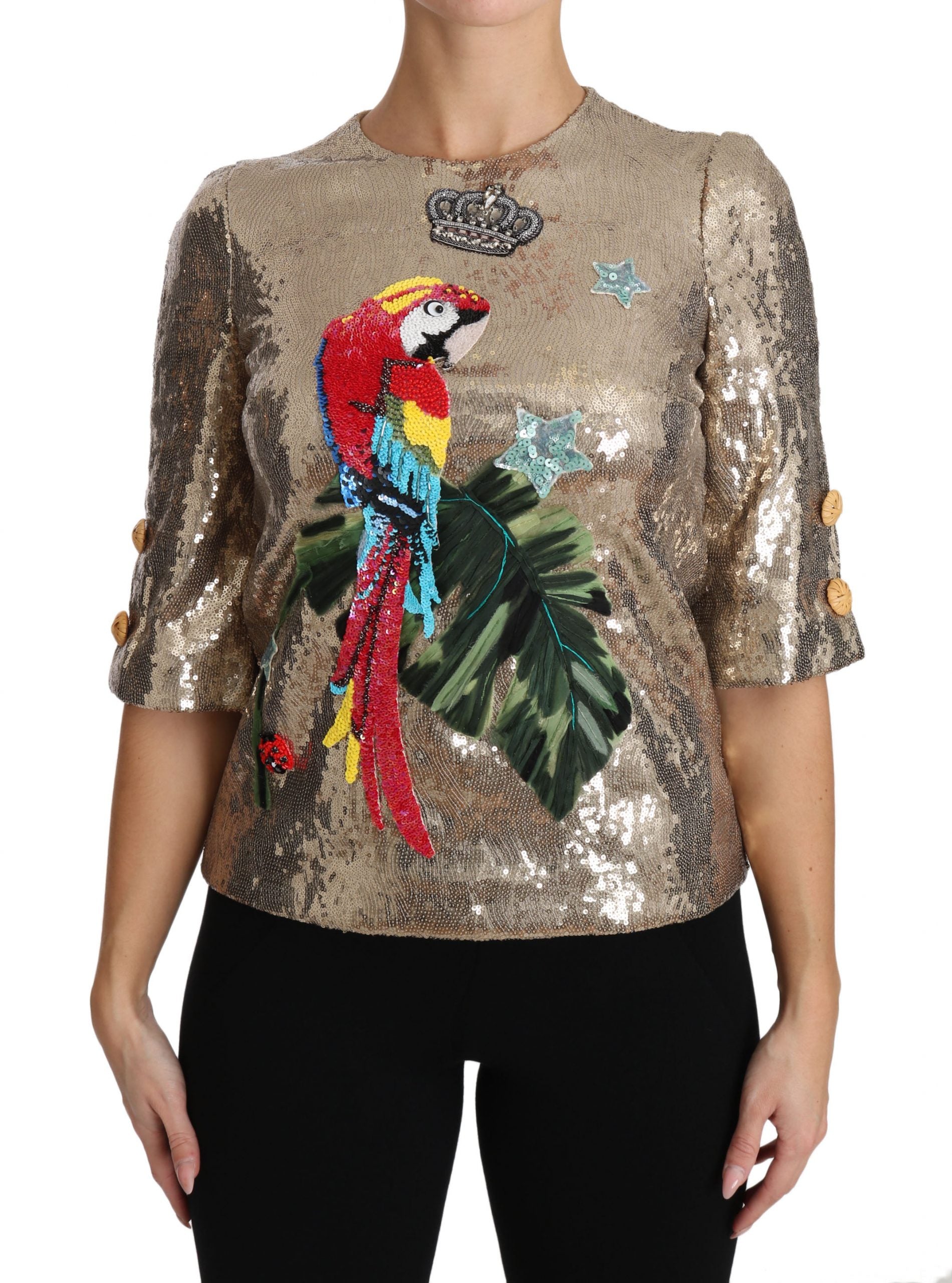Dolce & Gabbana Gold Sequin Parrot Crystal Blouse