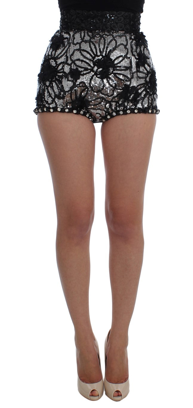 Dolce & Gabbana Black Mini Shorts with Crystal Sequins 
