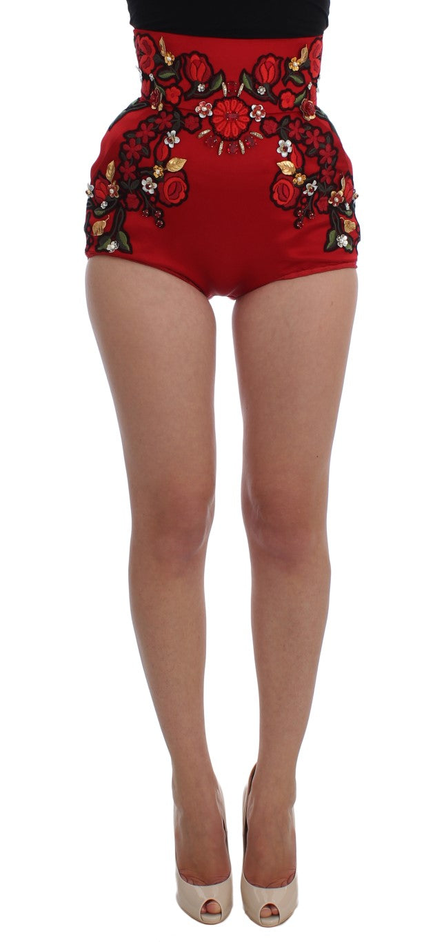 Dolce & Gabbana Red Silk Crystal Rose Shorts 
