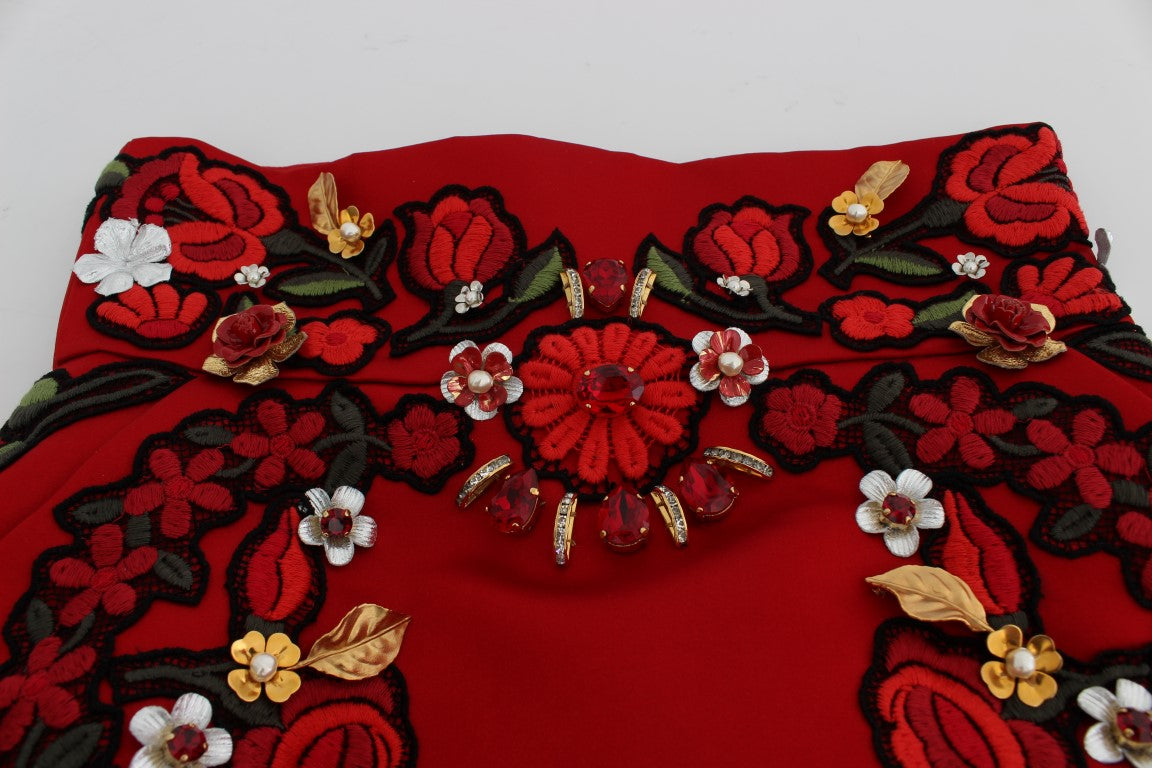 Pantalones cortos de seda roja con rosas de cristal de Dolce & Gabbana -5