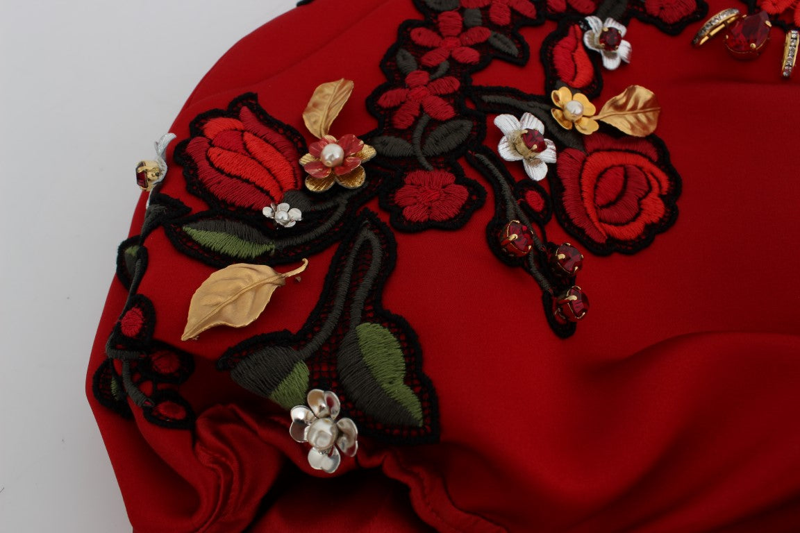 Pantalones cortos de seda roja con rosas de cristal de Dolce & Gabbana -6