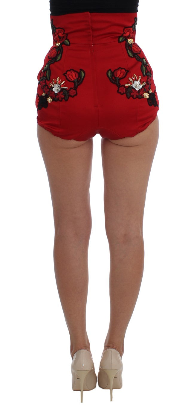 Pantalones cortos de seda roja con rosas de cristal de Dolce & Gabbana -2