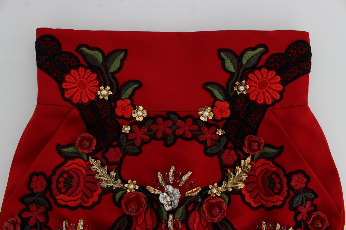 Pantalones cortos de seda roja con rosas de cristal de Dolce & Gabbana -5