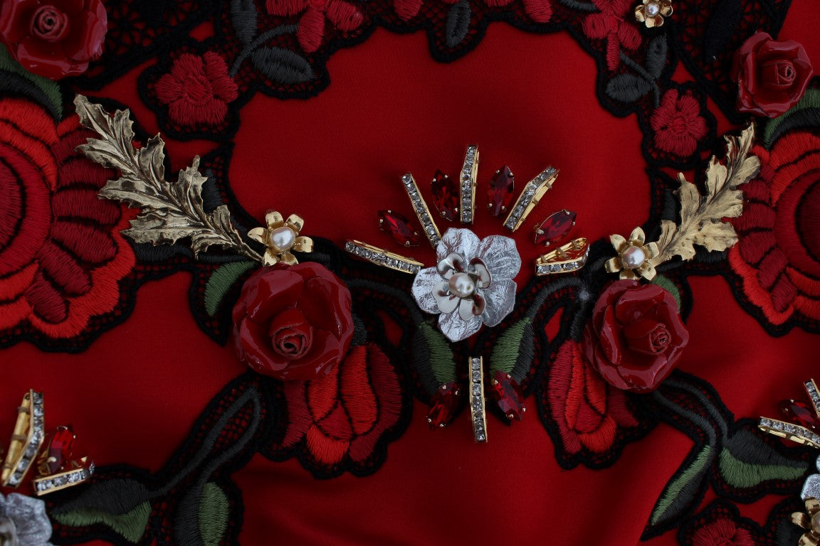 Pantalones cortos de seda roja con rosas de cristal de Dolce & Gabbana -6