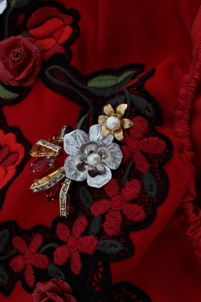 Pantalones cortos de seda roja con rosas de cristal de Dolce & Gabbana -7