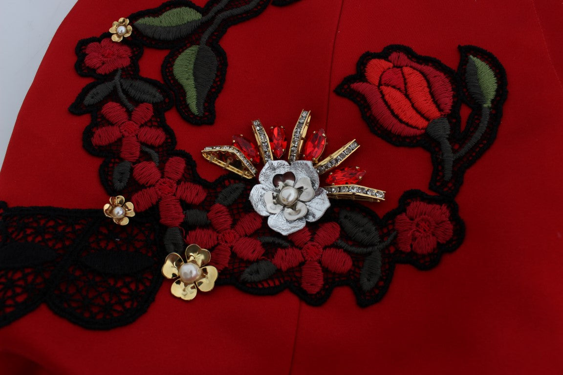 Pantalones cortos de seda roja con rosas de cristal de Dolce & Gabbana -8