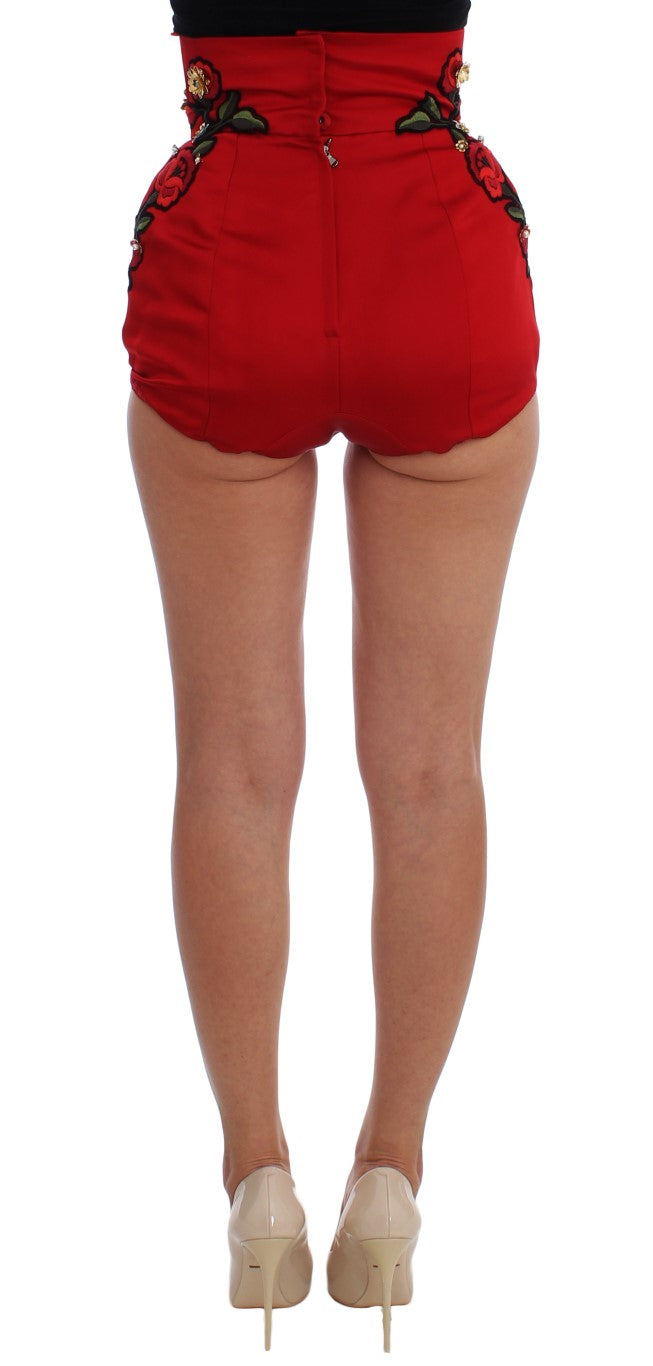 Dolce & Gabbana Red Silk Crystal Rose Shorts -2