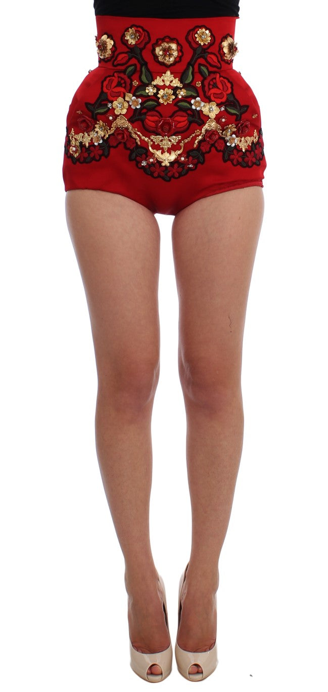 Dolce & Gabbana Red Silk Crystal Rose Shorts -1