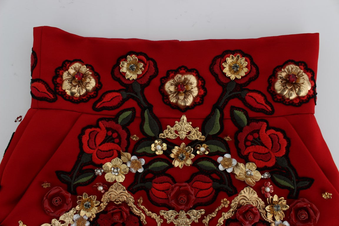 Dolce & Gabbana Red Silk Crystal Rose Shorts -5