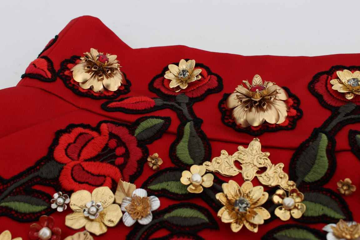 Dolce & Gabbana Red Silk Crystal Rose Shorts -6