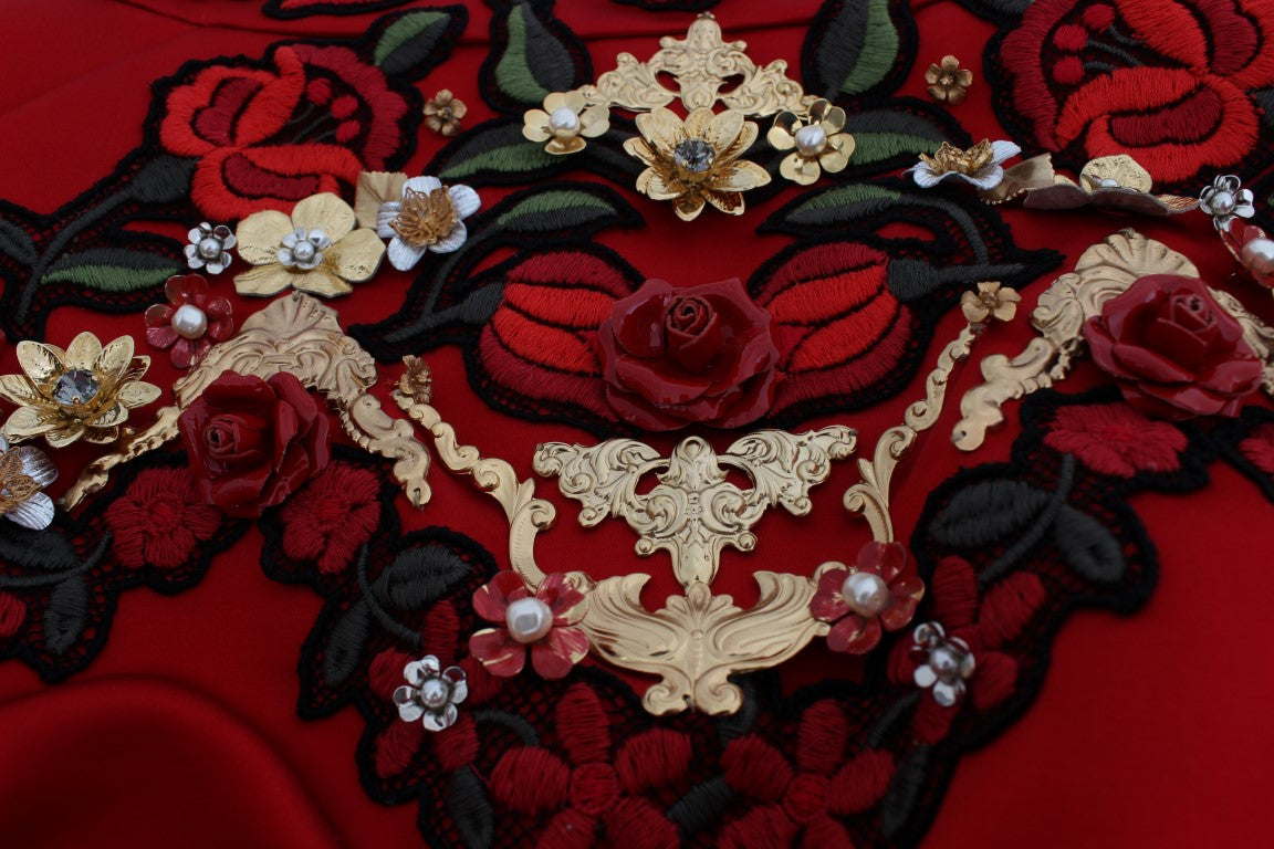 Dolce & Gabbana Red Silk Crystal Rose Shorts -7