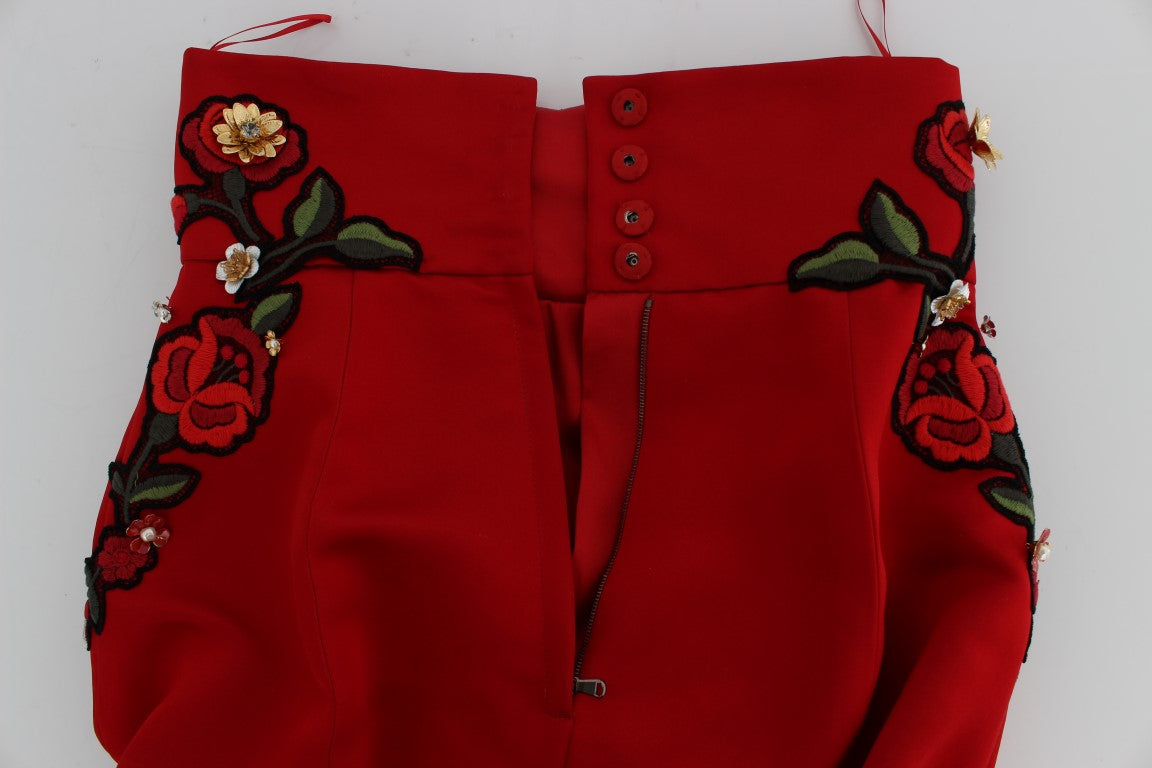 Dolce & Gabbana Red Silk Crystal Rose Shorts -8