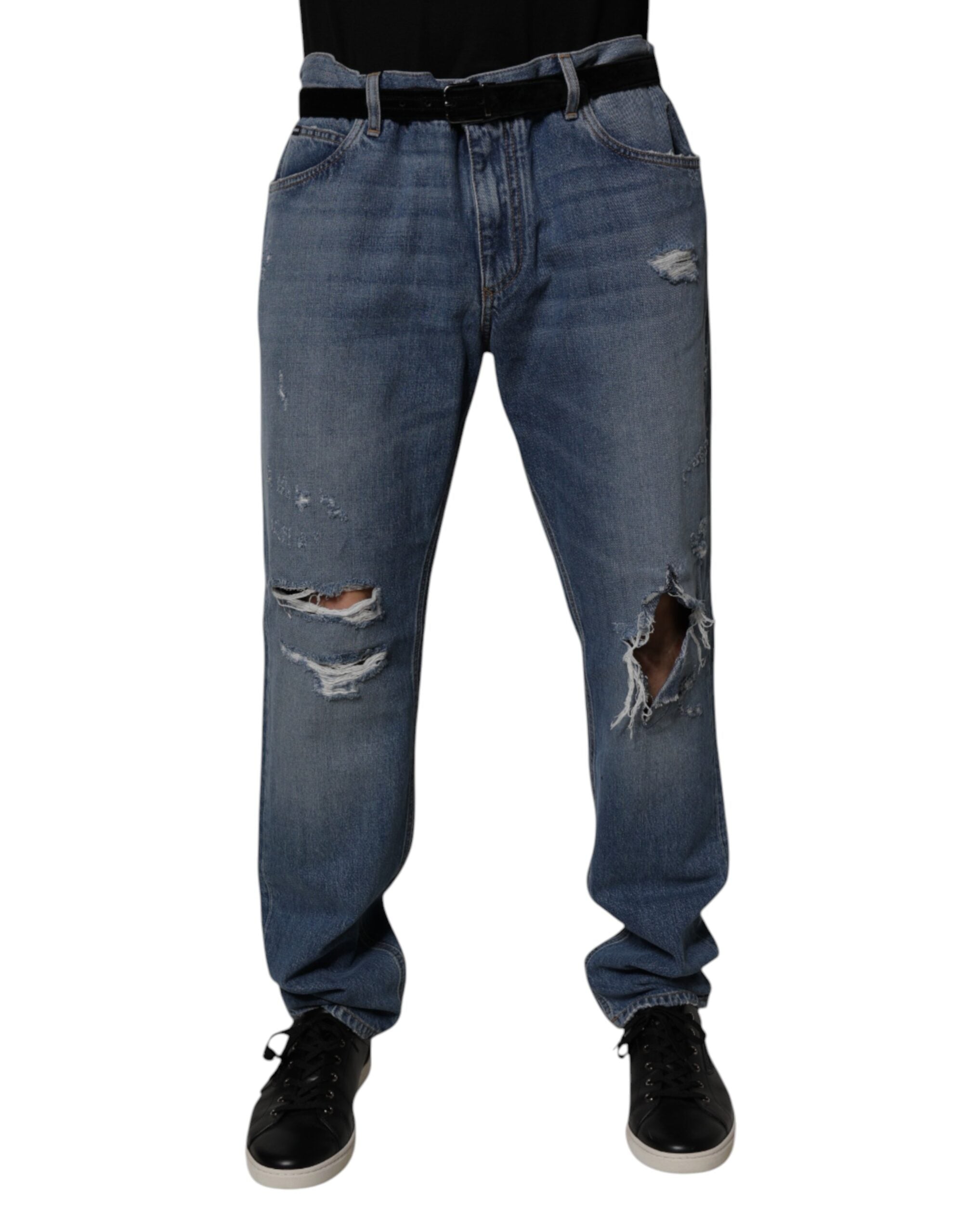 Dolce & Gabbana Blaue zerfledderte Straight Denim Jeans aus Baumwolle-2