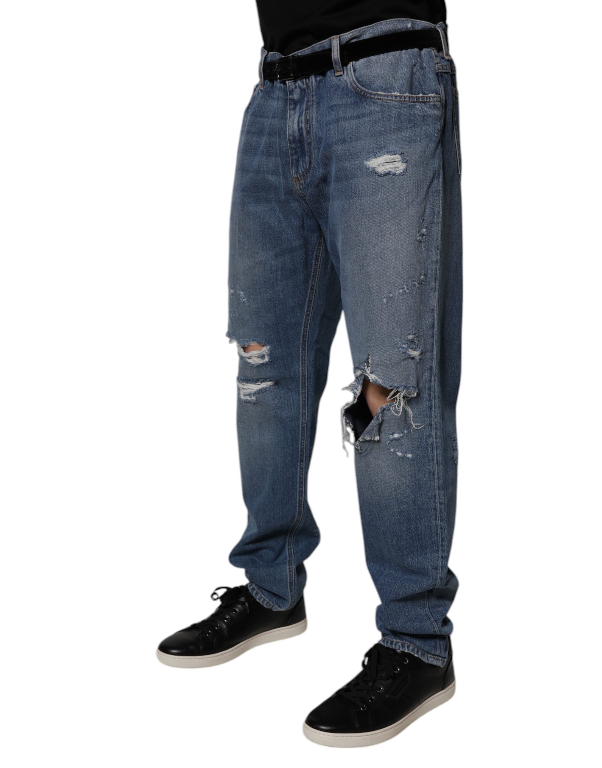 Dolce & Gabbana Blaue zerfledderte Straight Denim Jeans aus Baumwolle-3