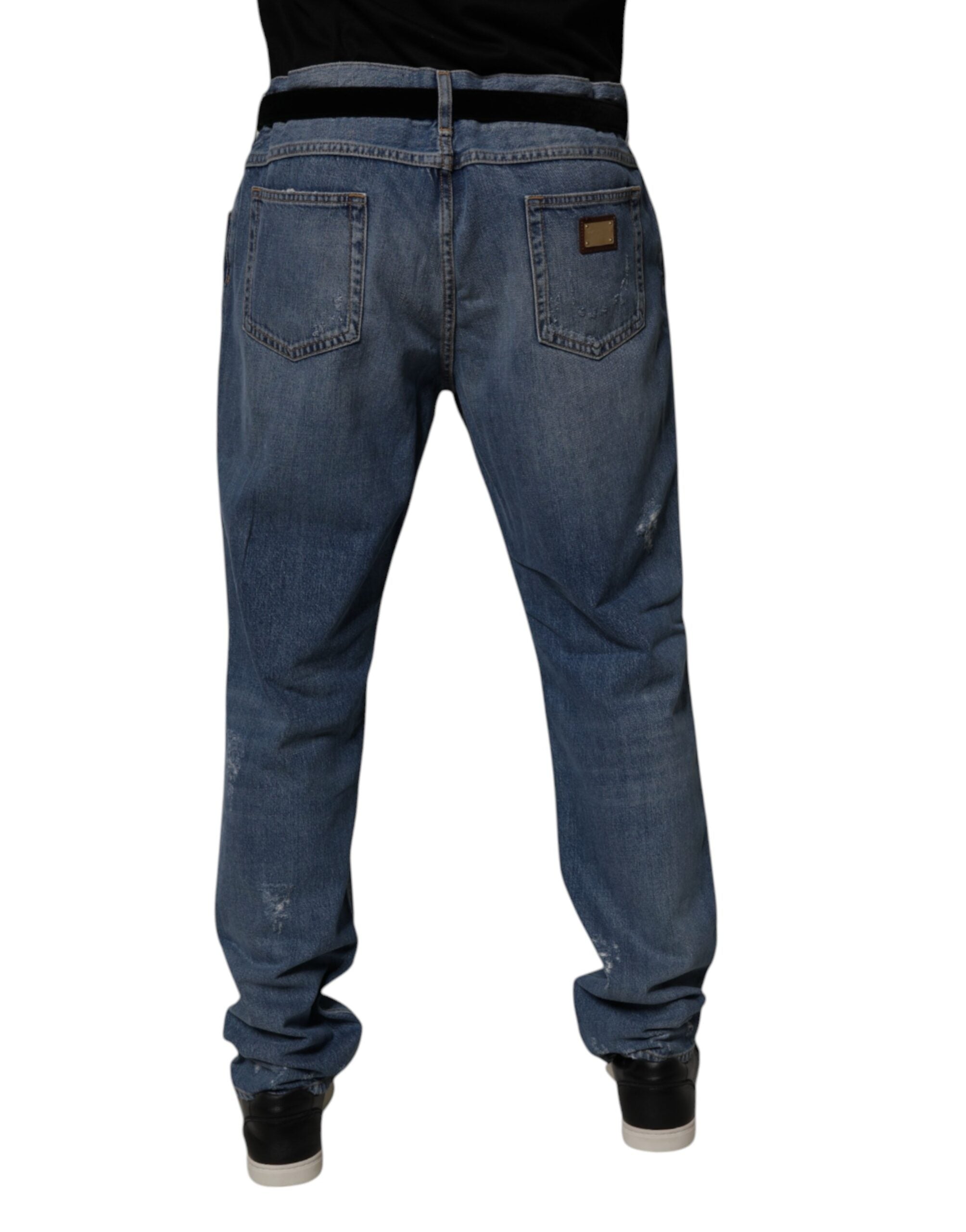 Dolce & Gabbana Blaue zerfledderte Straight Denim Jeans aus Baumwolle-4