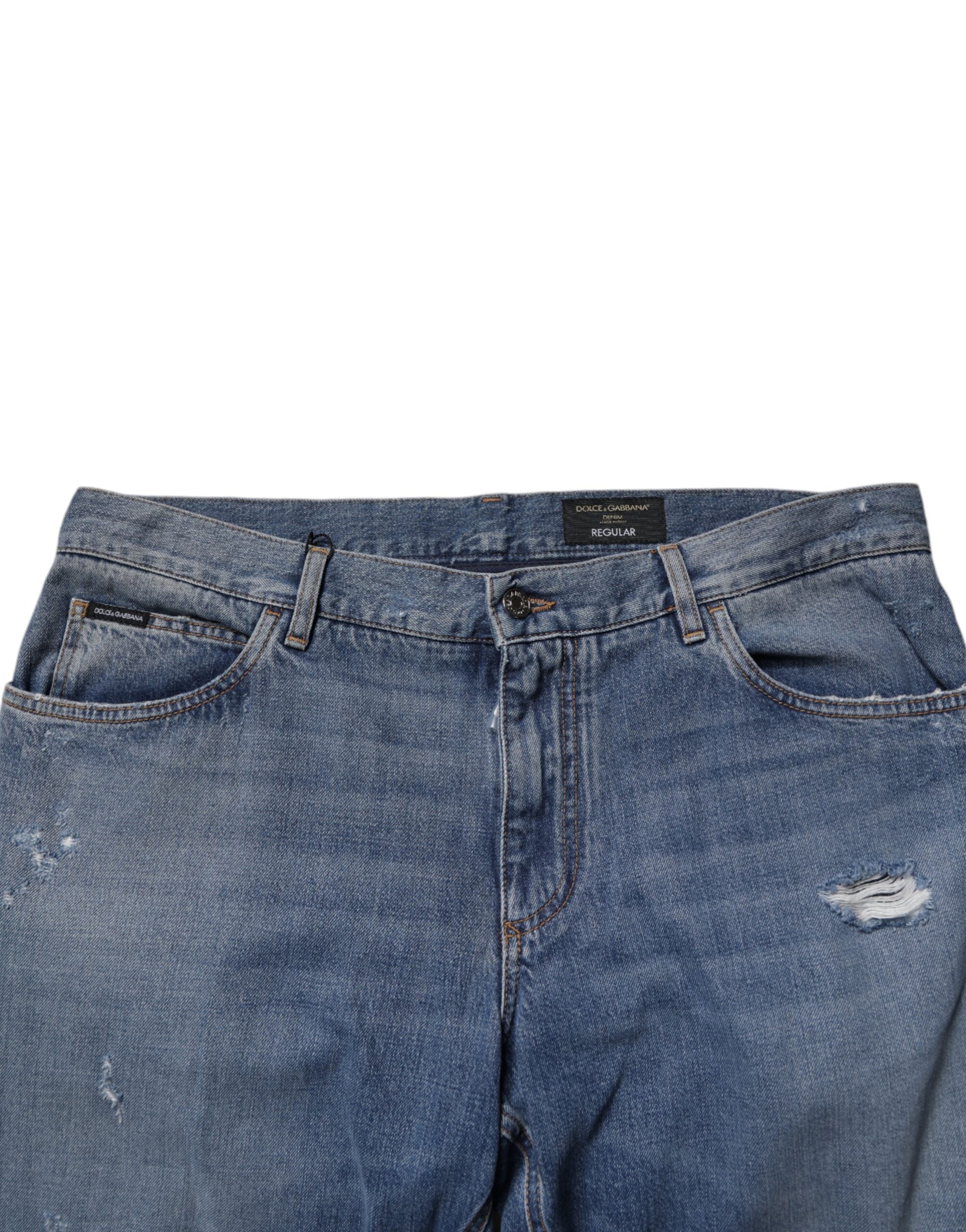 Dolce & Gabbana Blaue zerfledderte Straight Denim Jeans aus Baumwolle-5