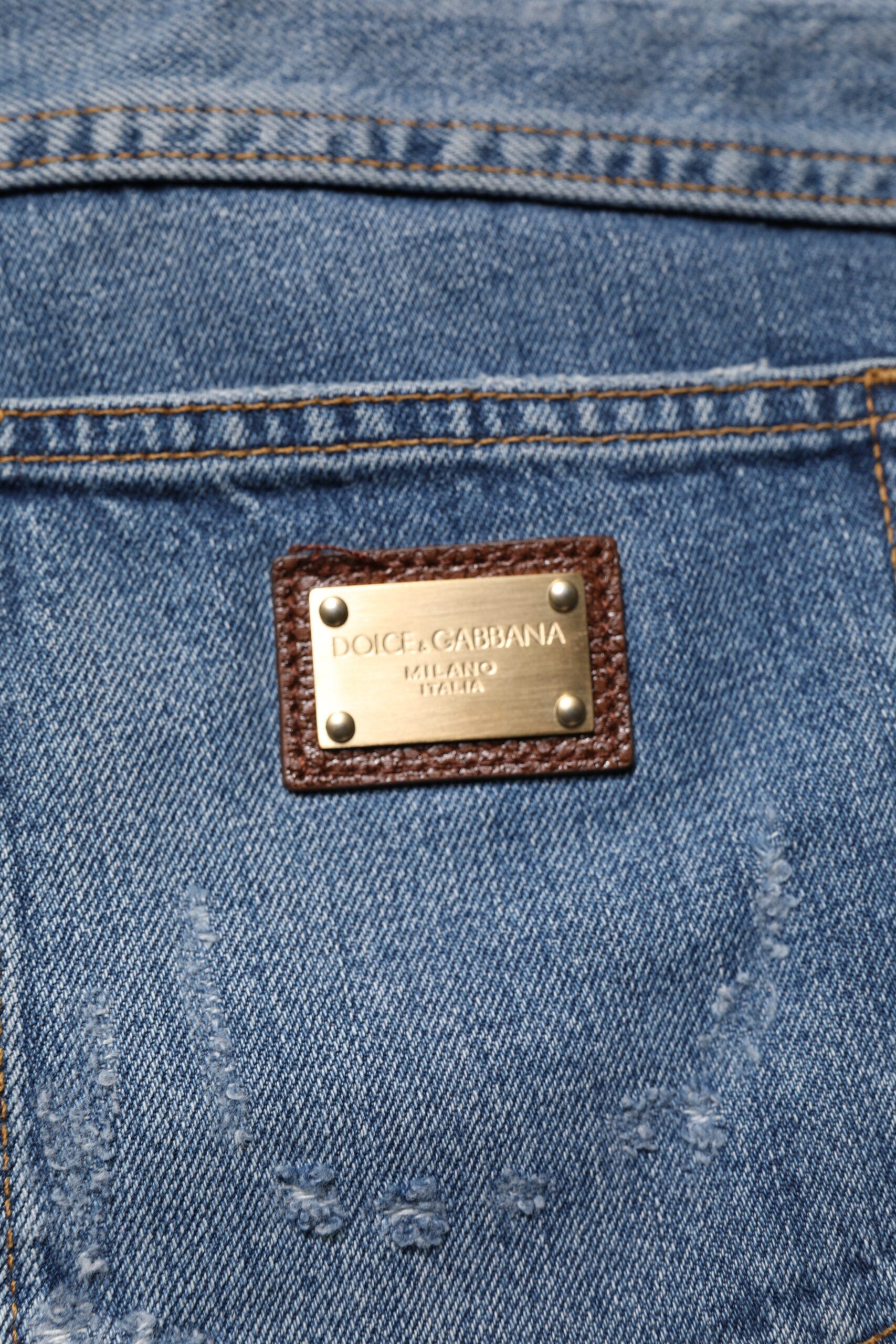 Dolce & Gabbana Blaue zerfledderte Straight Denim Jeans aus Baumwolle-6