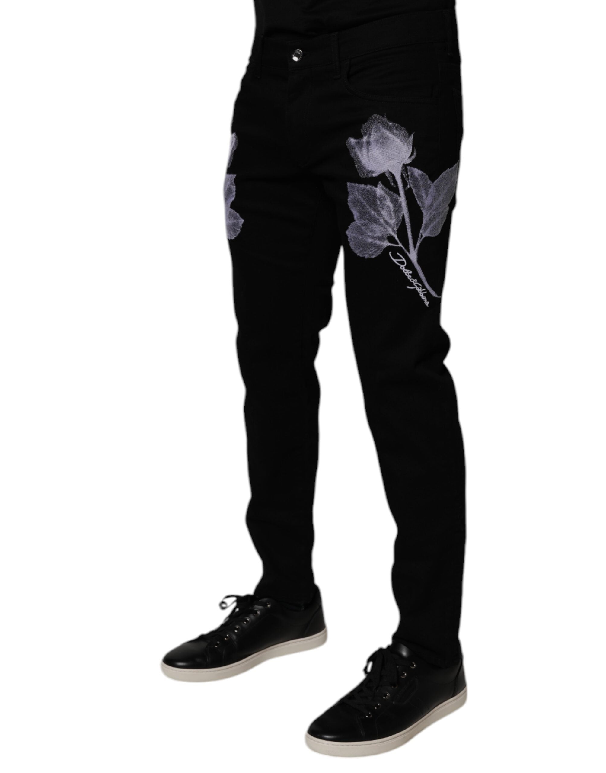Dolce & Gabbana Black Floral Cotton Skinny Jeans for Men in Denim-3