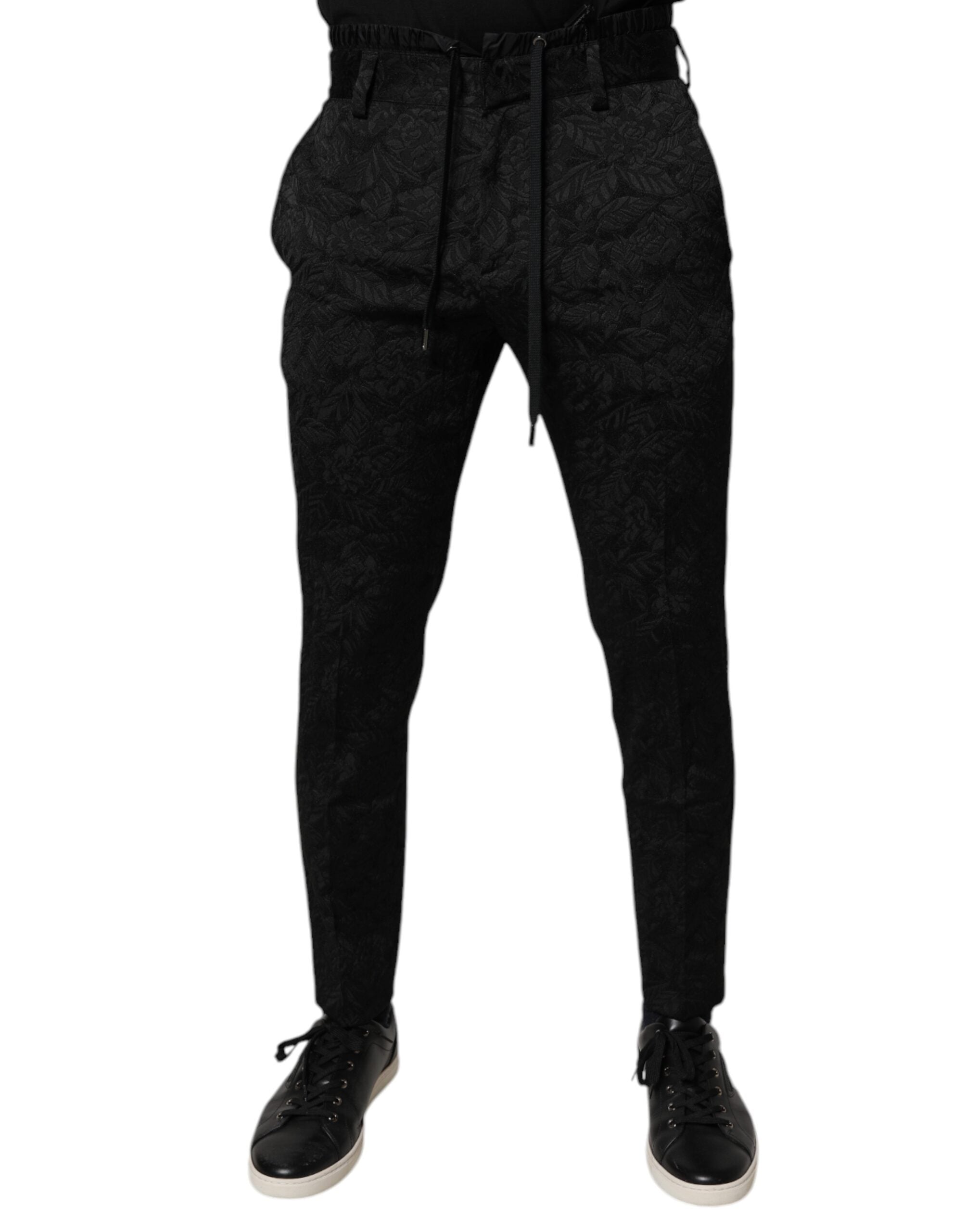 Dolce & Gabbana Black Brocade Polyester Skinny Dress Trousers-1