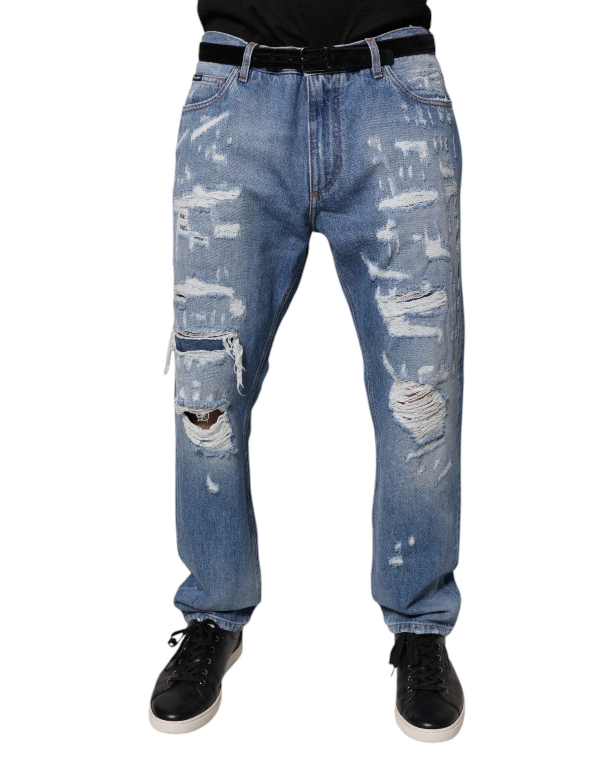 Dolce & Gabbana Blue Ripped Straight Cotton Denim Jeans-2