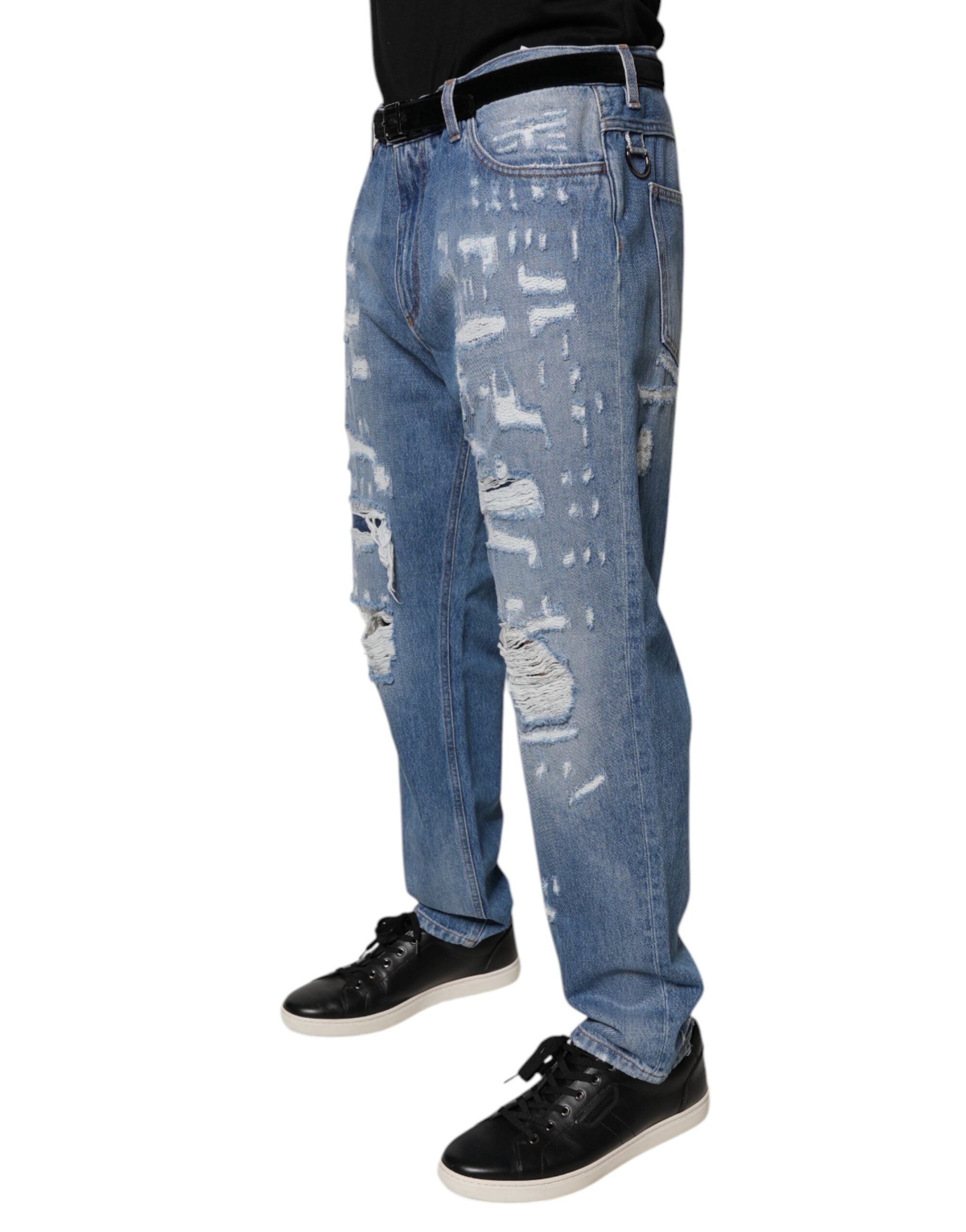 Dolce & Gabbana Blue Ripped Straight Cotton Denim Jeans-3