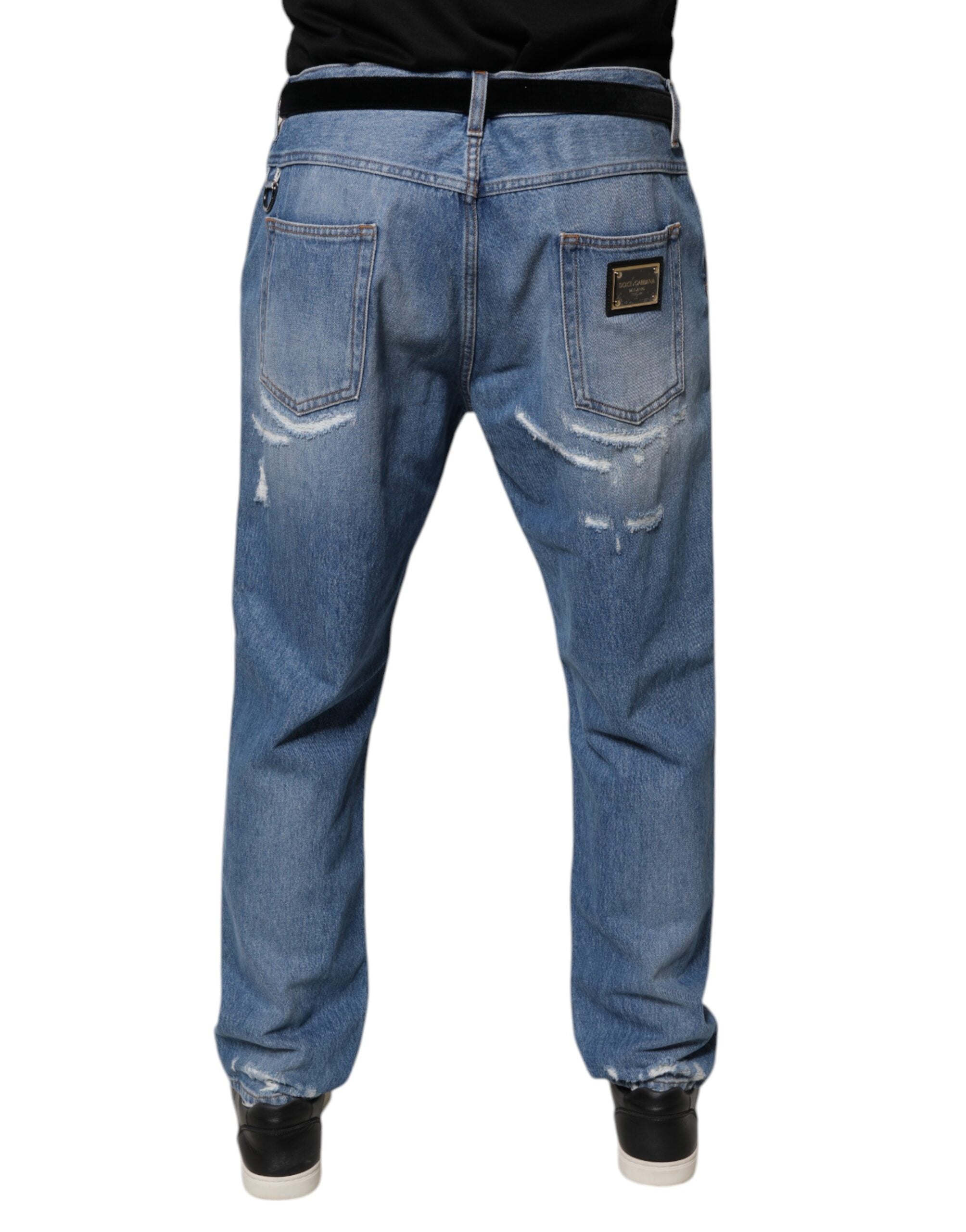 Dolce & Gabbana Blue Ripped Straight Cotton Denim Jeans-4