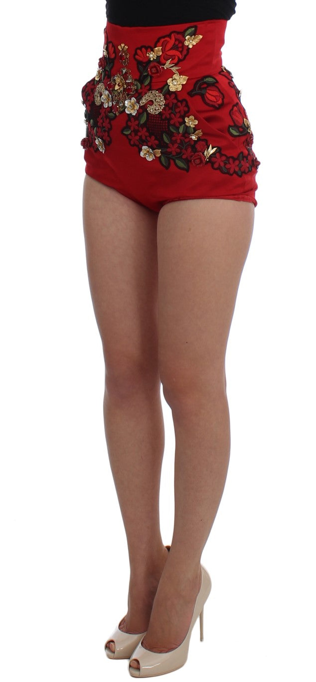 Dolce & Gabbana Rote Seidenkristallrosen Shorts-4