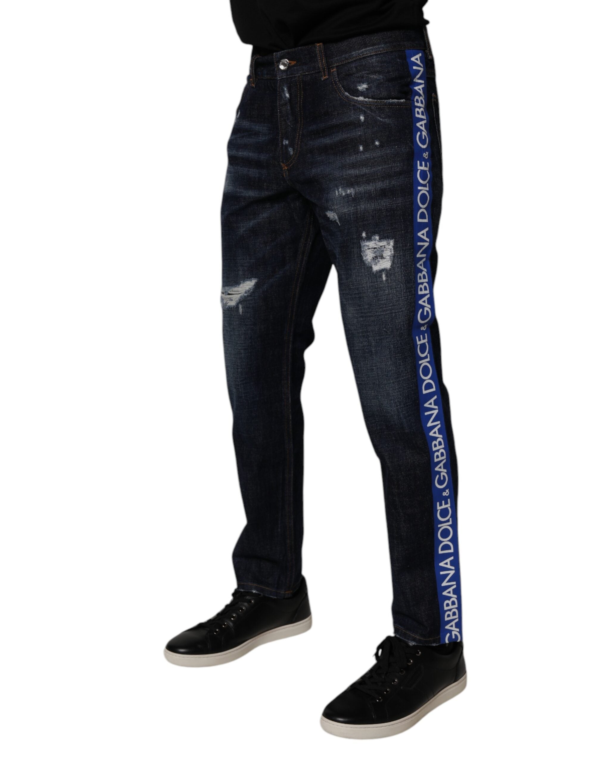 Vaqueros ajustados desgastados de color azul oscuro de Dolce & Gabbana, confeccionados en algodón.-3