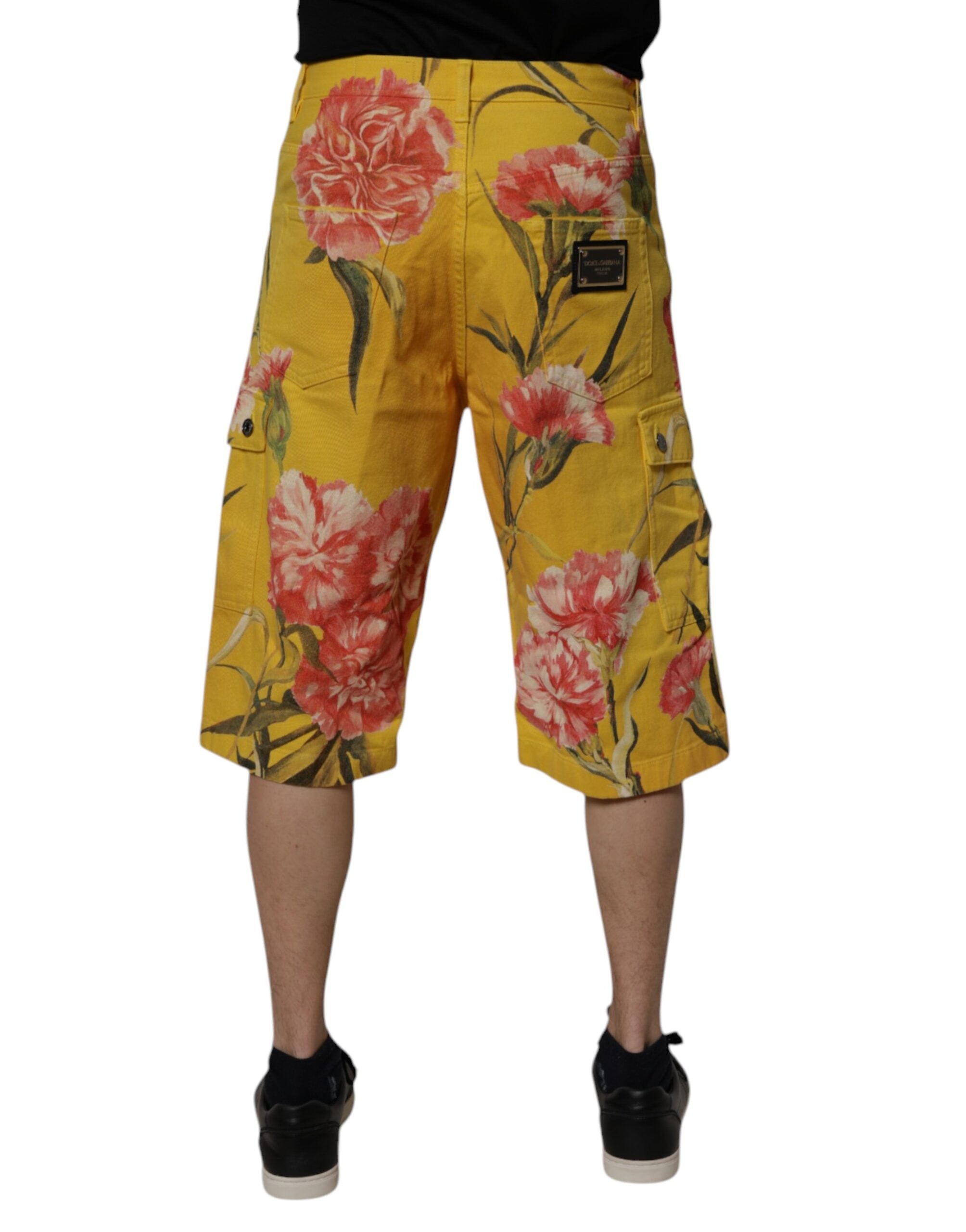 Dolce & Gabbana Gelbe geblümte Cargo Denim Herren Bermudashorts-4