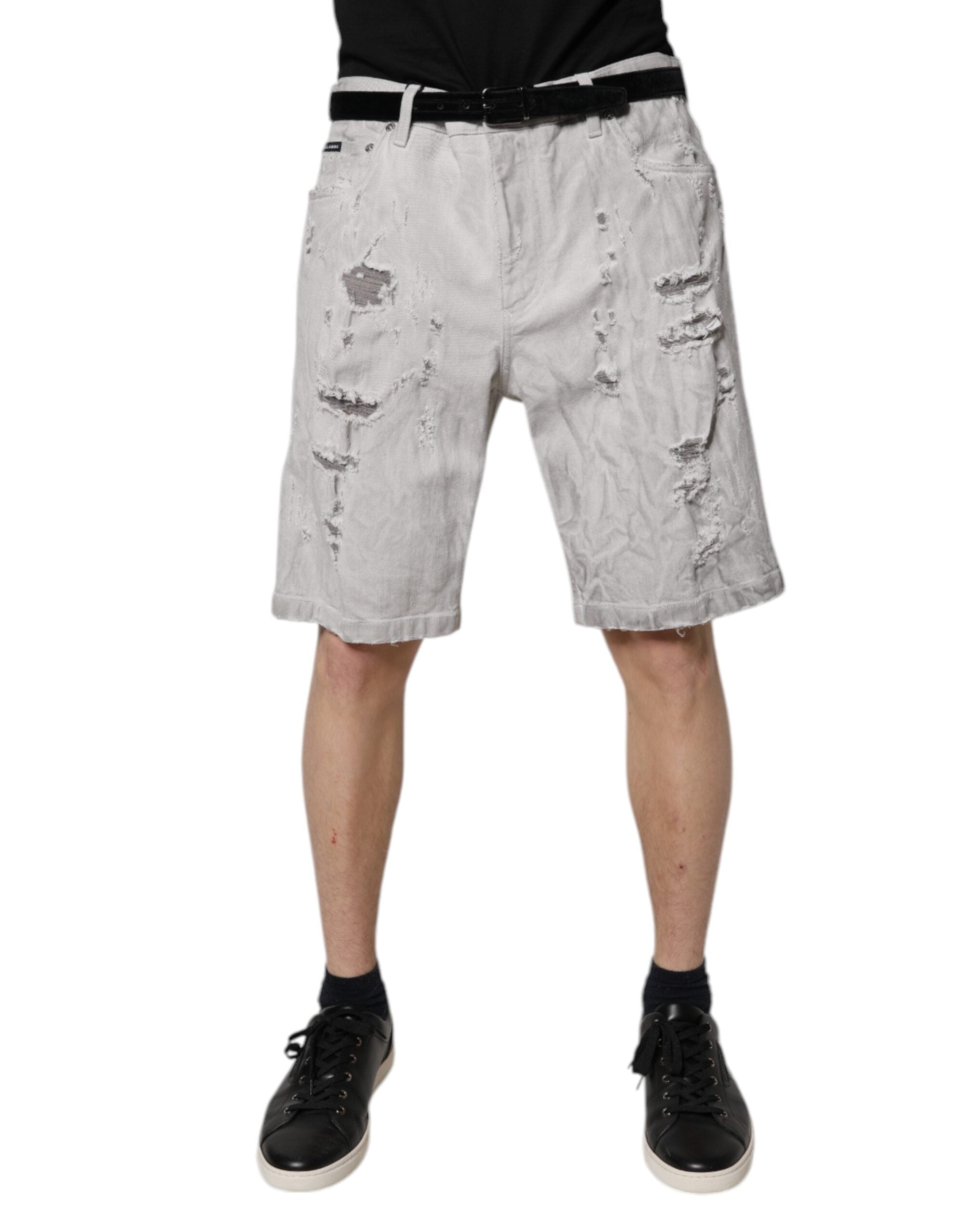 Dolce & Gabbana Men's light gray tattered denim Bermuda shorts-1