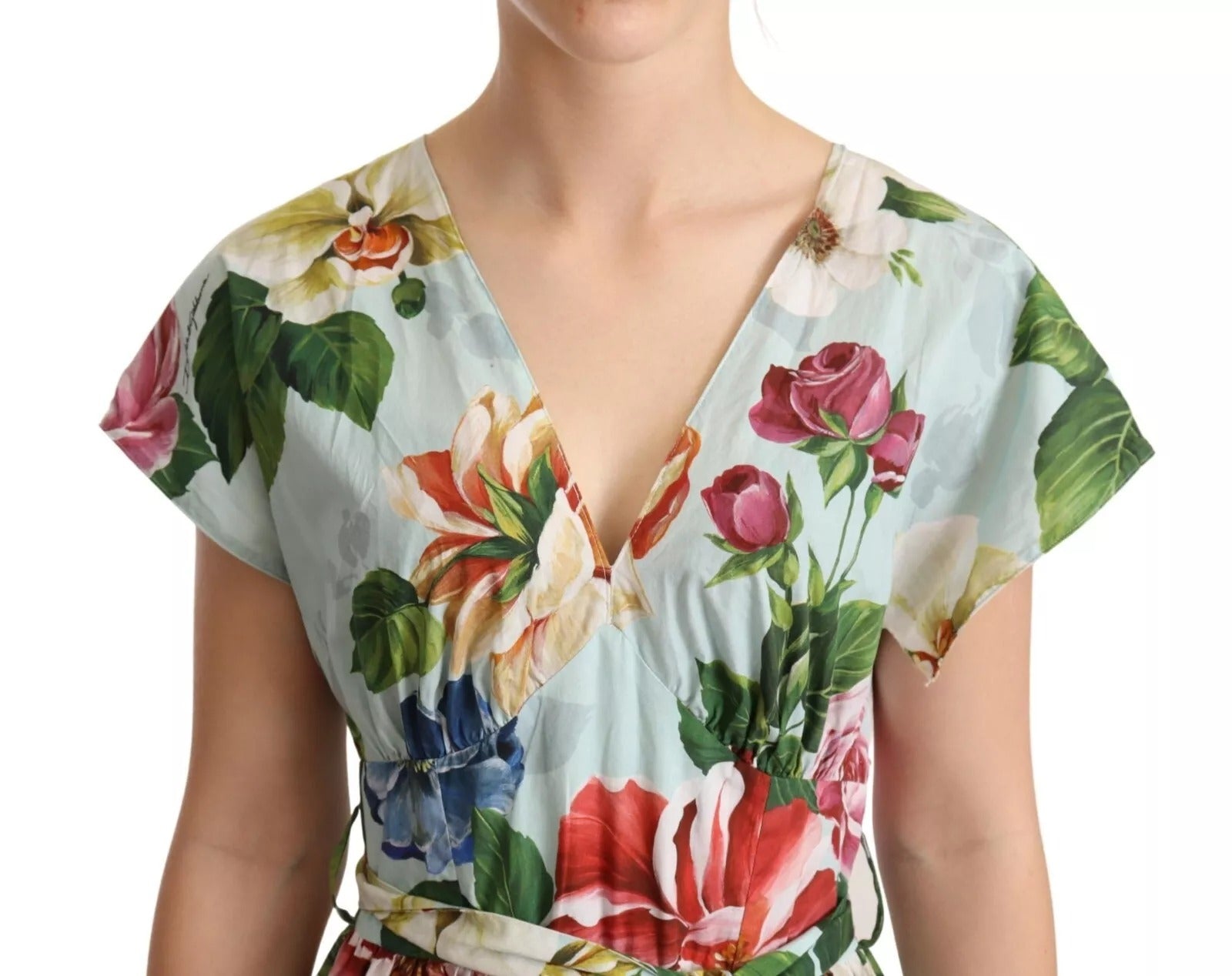 Dolce & Gabbana green floral cotton dress with short sleeves and V-neck-5