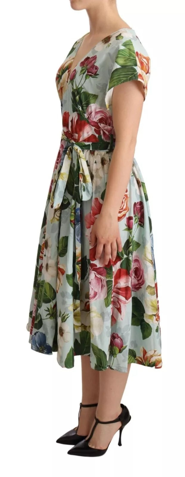 Dolce & Gabbana green floral cotton dress with short sleeves and V-neck-3