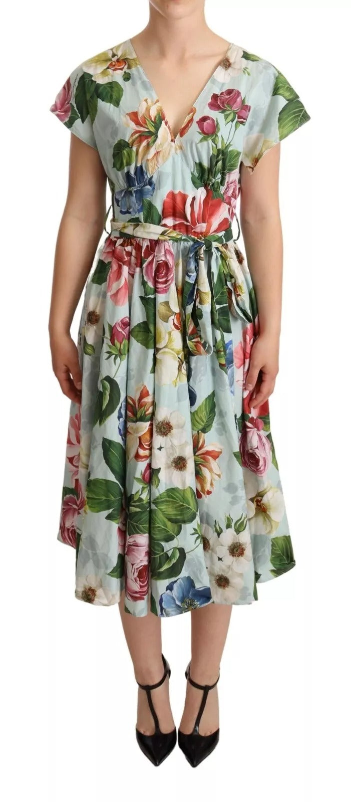 Dolce & Gabbana green floral cotton dress with short sleeves and V-neck-1