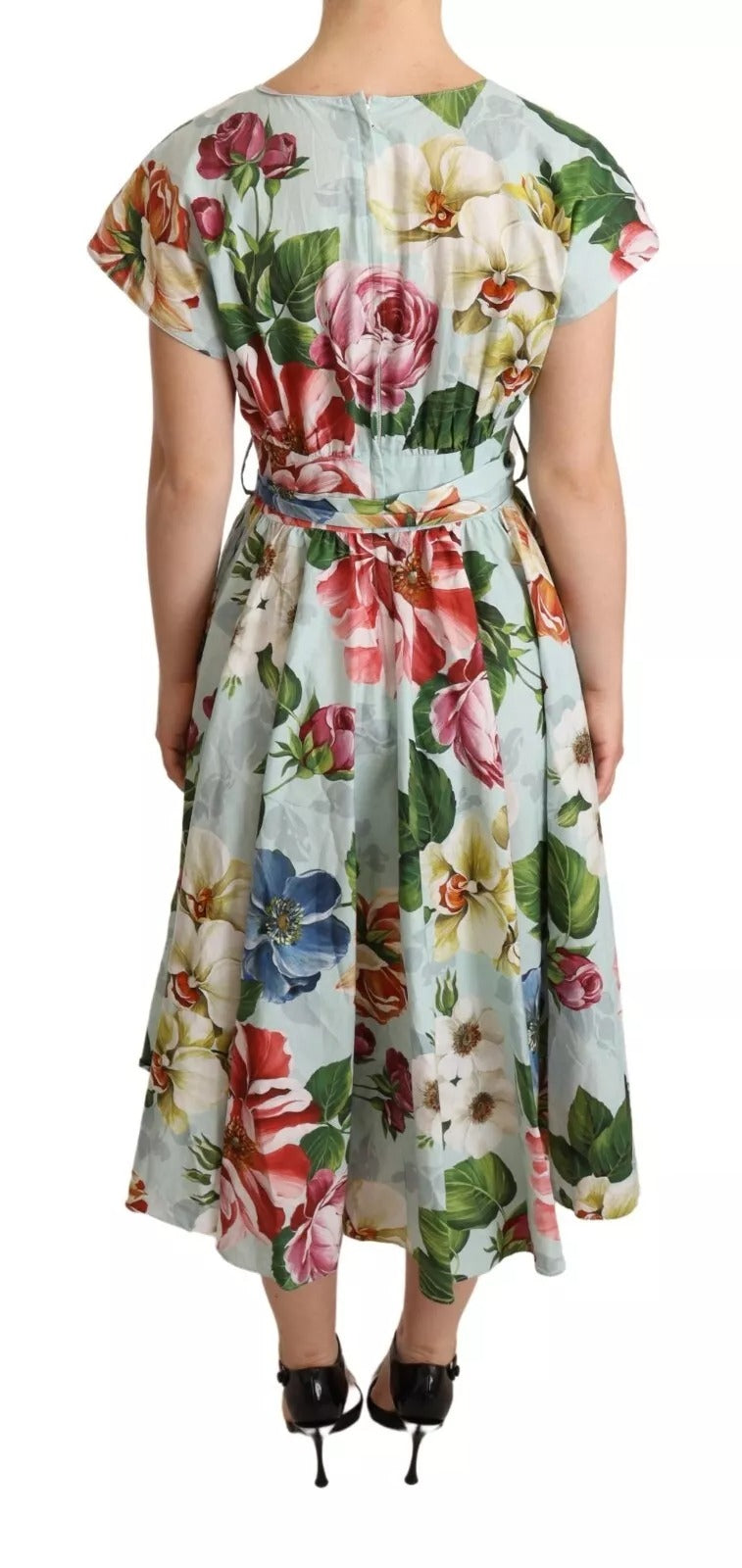 Dolce & Gabbana green floral cotton dress with short sleeves and V-neck-4