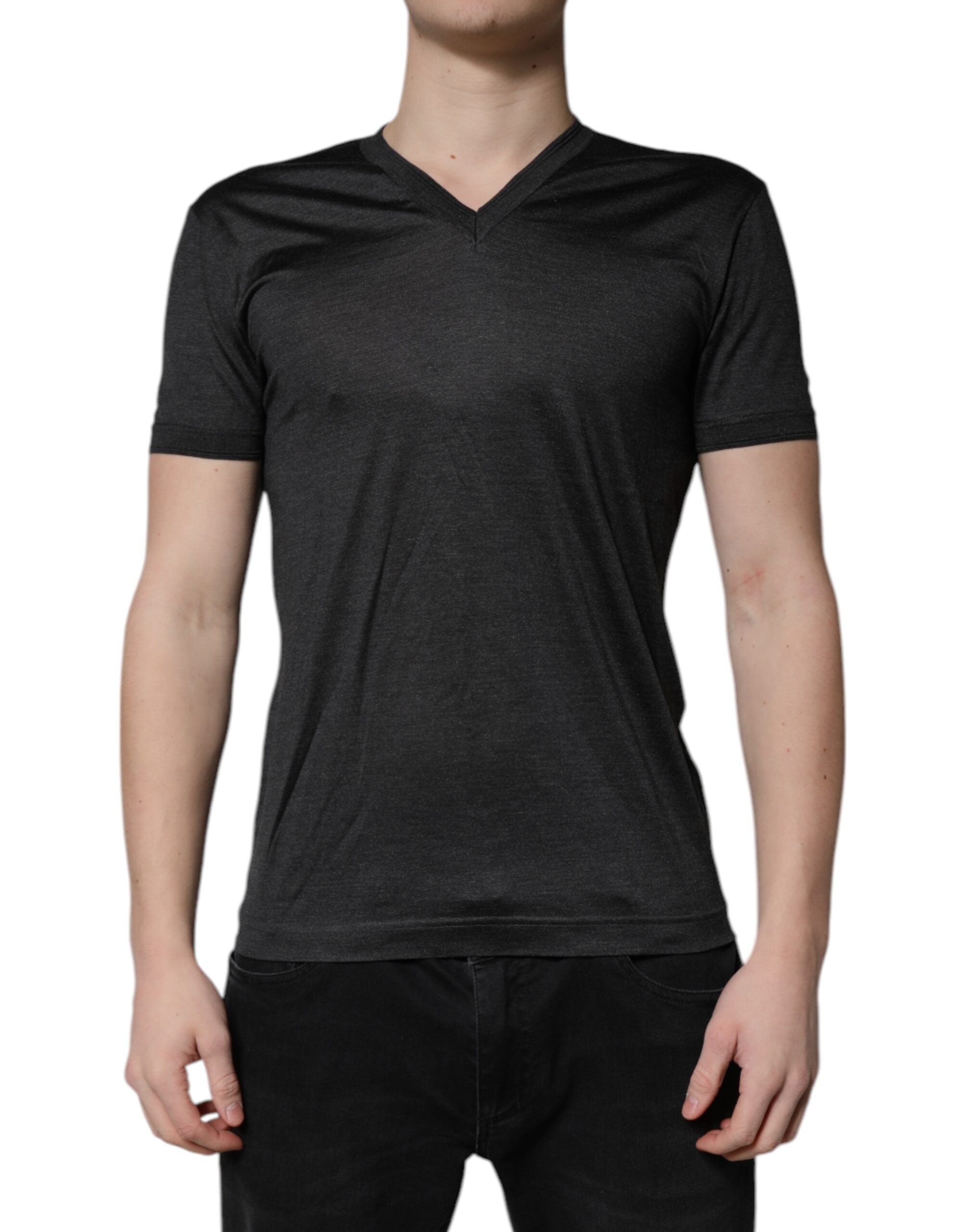 Dolce & Gabbana dark grey silk T-shirt with V-neck and short sleeves-1