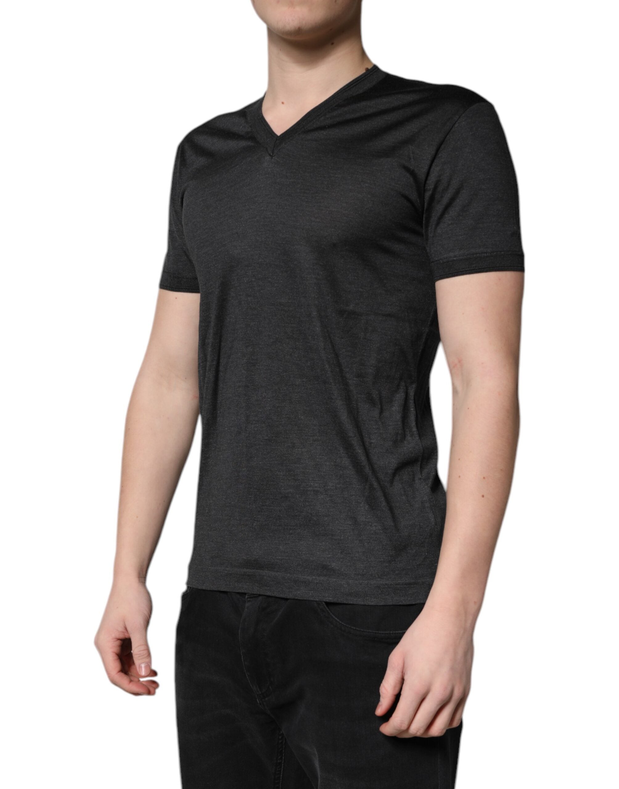 Dolce & Gabbana dark grey silk T-shirt with V-neck and short sleeves-3