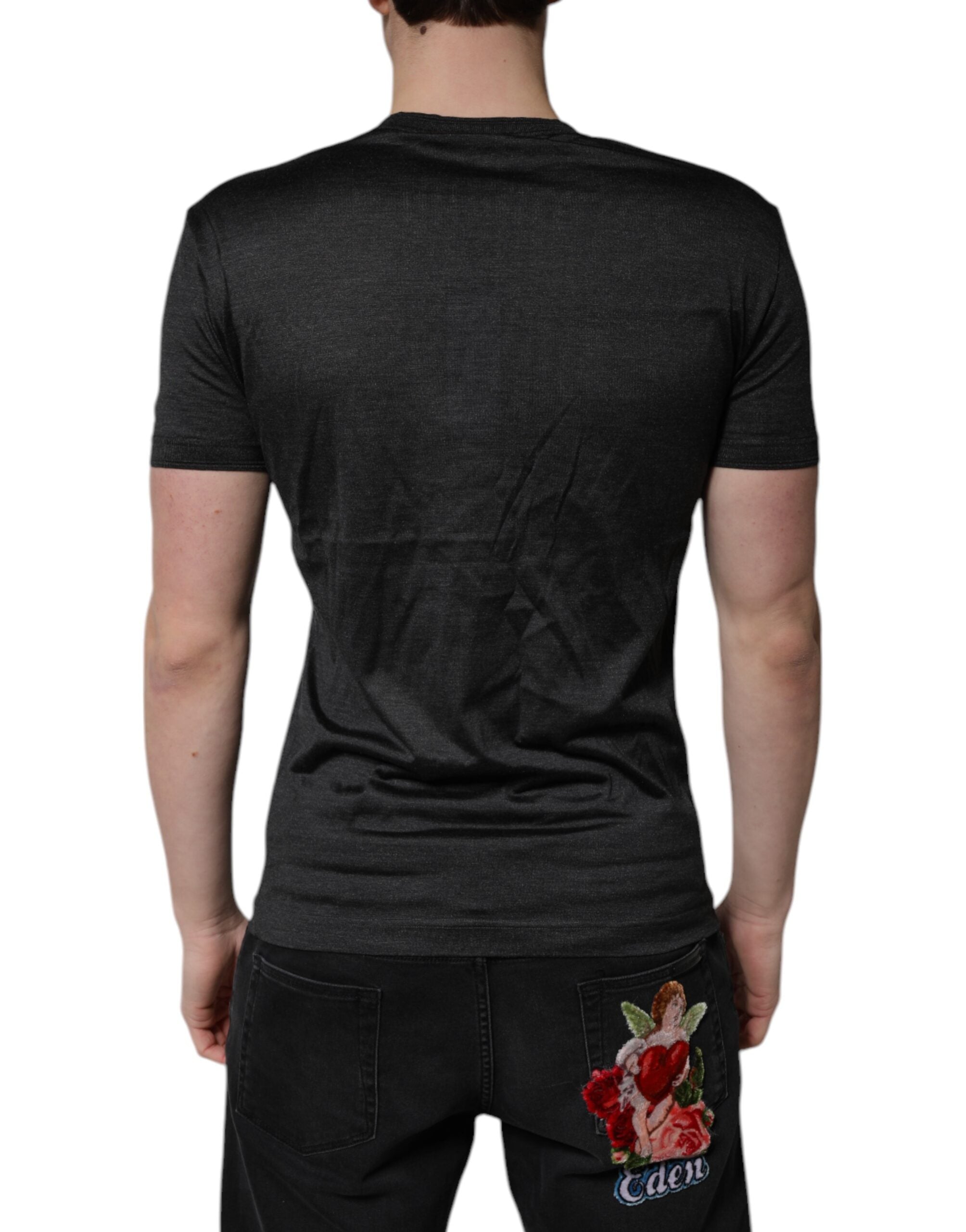 Dolce & Gabbana dark grey silk T-shirt with V-neck and short sleeves-4