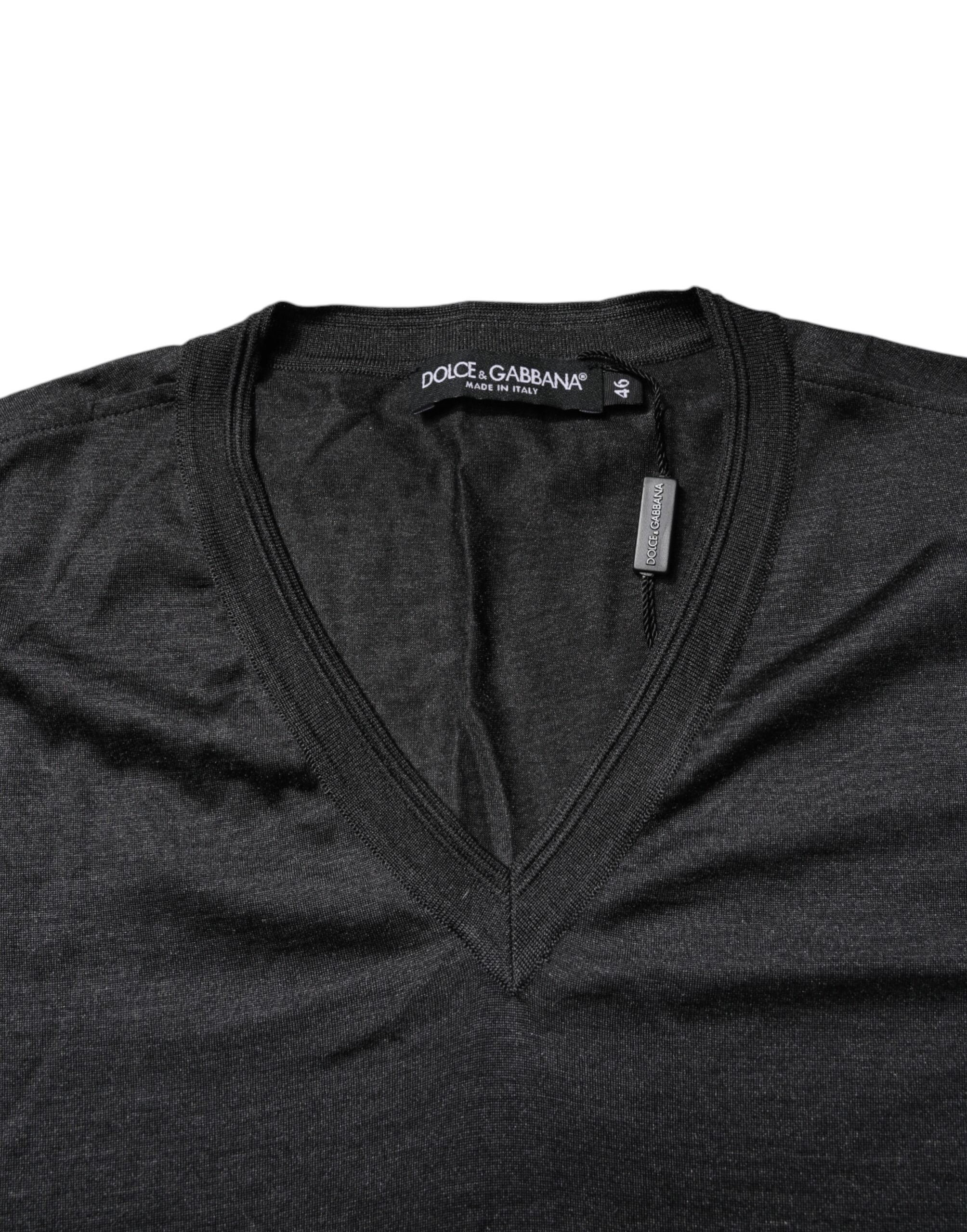 Dolce & Gabbana dark grey silk T-shirt with V-neck and short sleeves-6