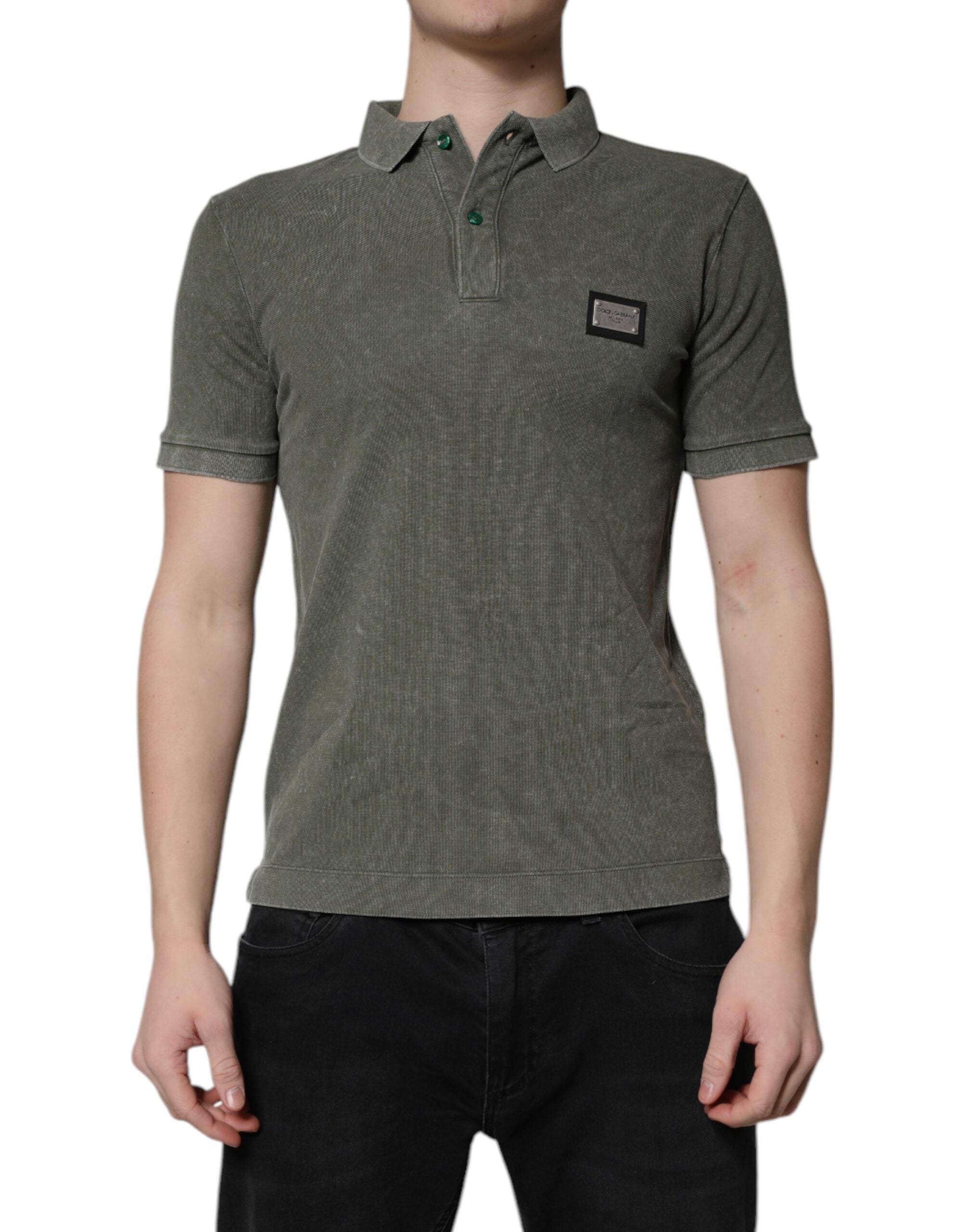 Dolce & Gabbana Army Green Logo Badge Cotton Polo Shirt T-shirt-2