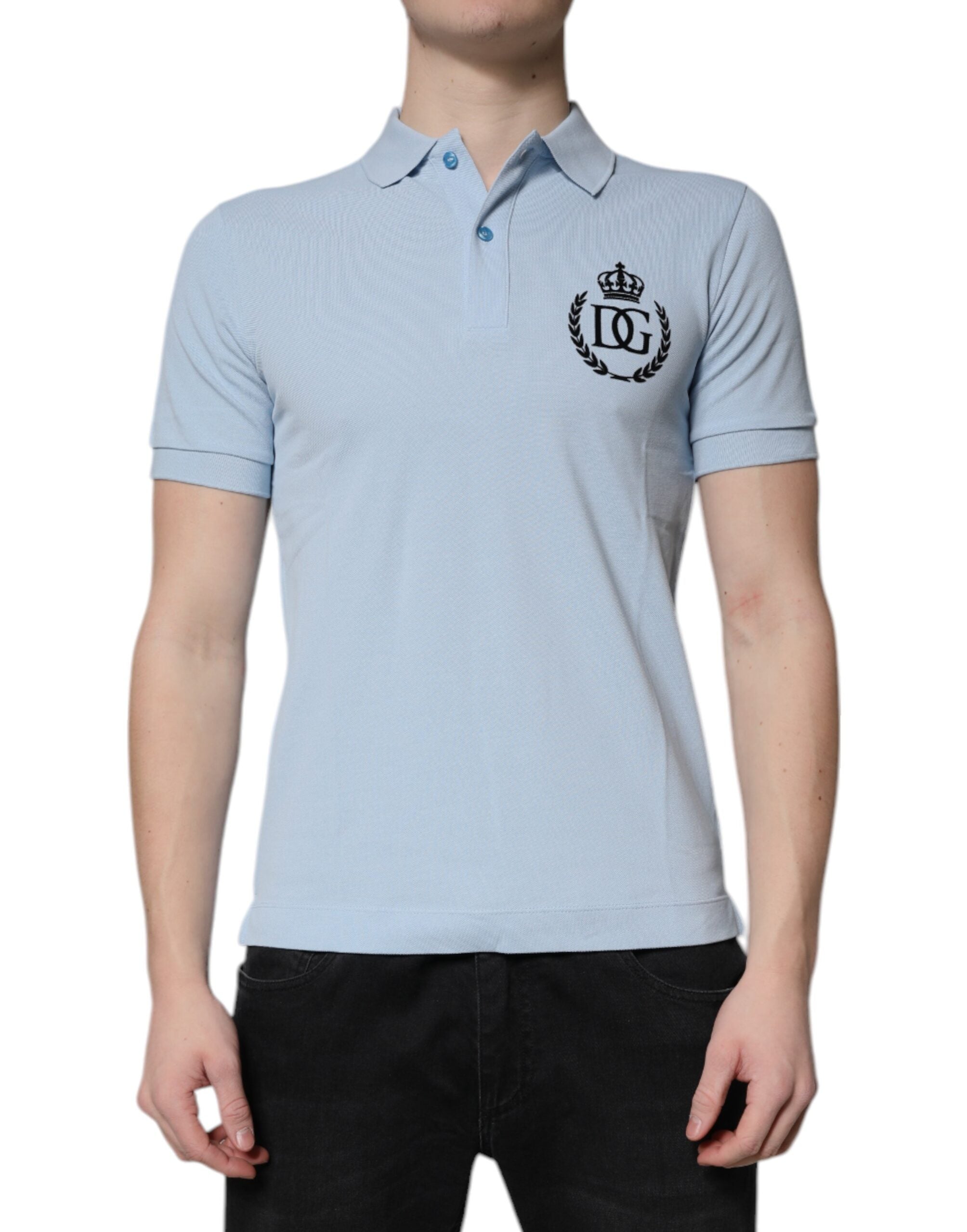 Dolce & Gabbana Sky Blue Cotton Crown Polo T-Shirt with Collar-2