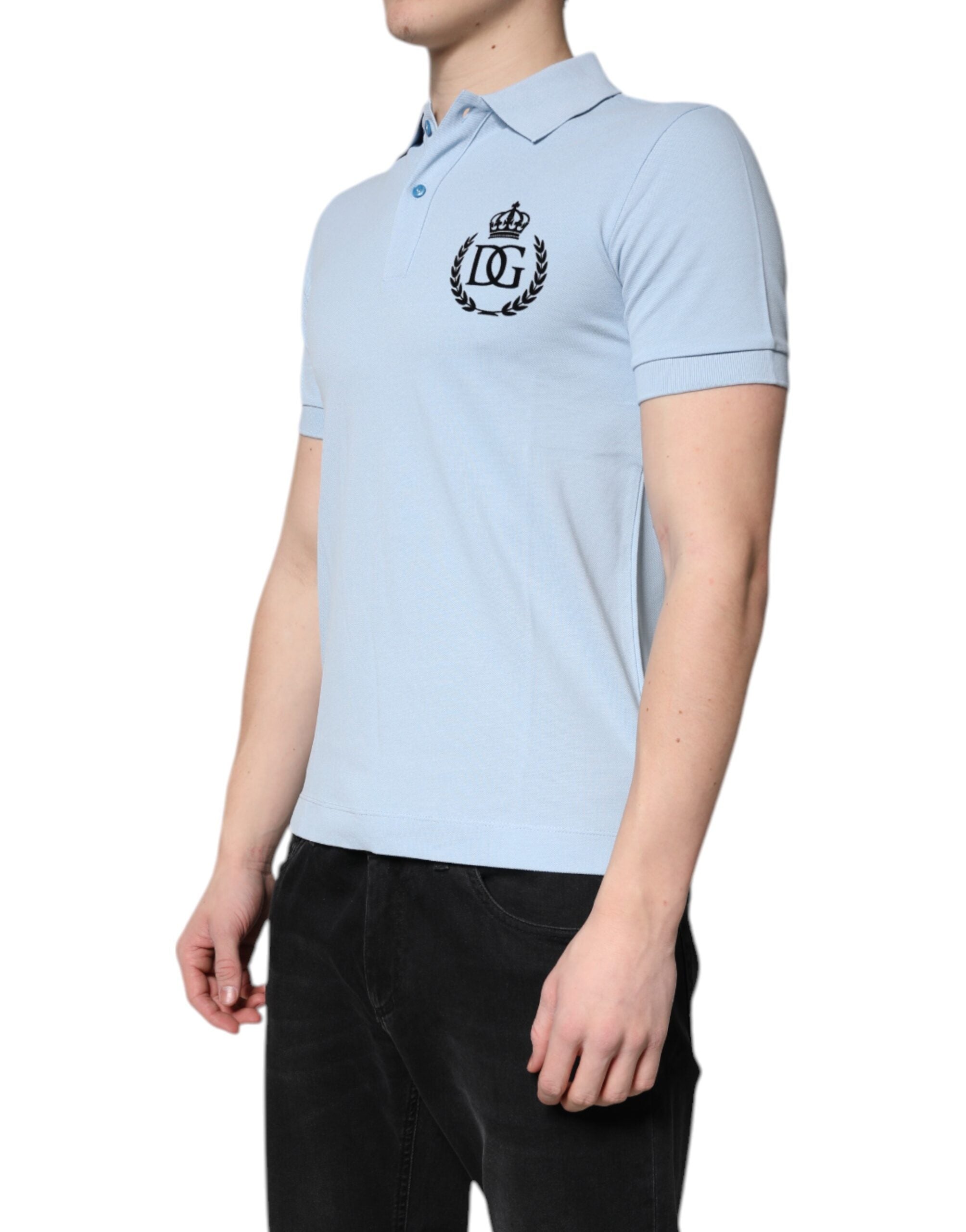 Dolce & Gabbana Sky Blue Cotton Crown Polo T-Shirt with Collar-3