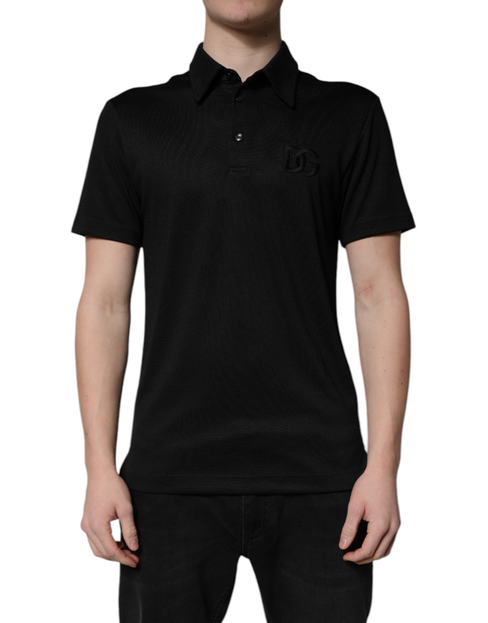 Dolce & Gabbana Schwarzes Polyester DG Logo Poloshirt mit Kragen-2