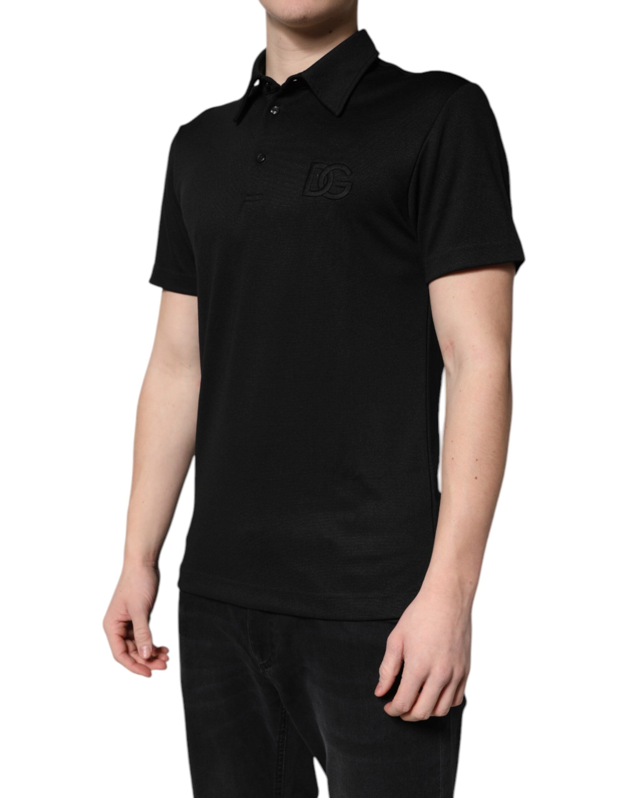 Dolce & Gabbana Schwarzes Polyester DG Logo Poloshirt mit Kragen-3
