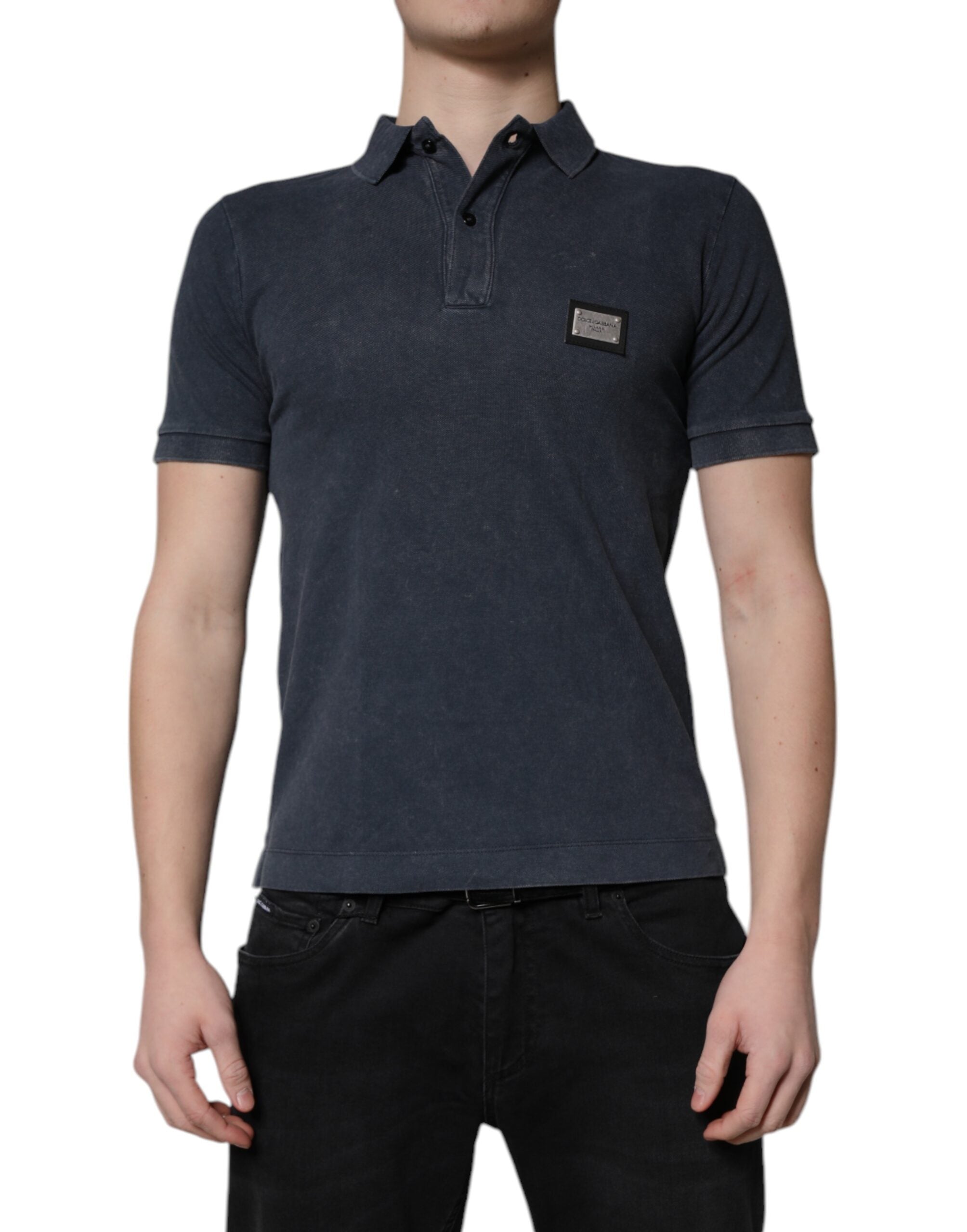 Dolce & Gabbana Dunkelblaues Logo-Plakette Baumwolle Herren-Poloshirt T-shirt-2
