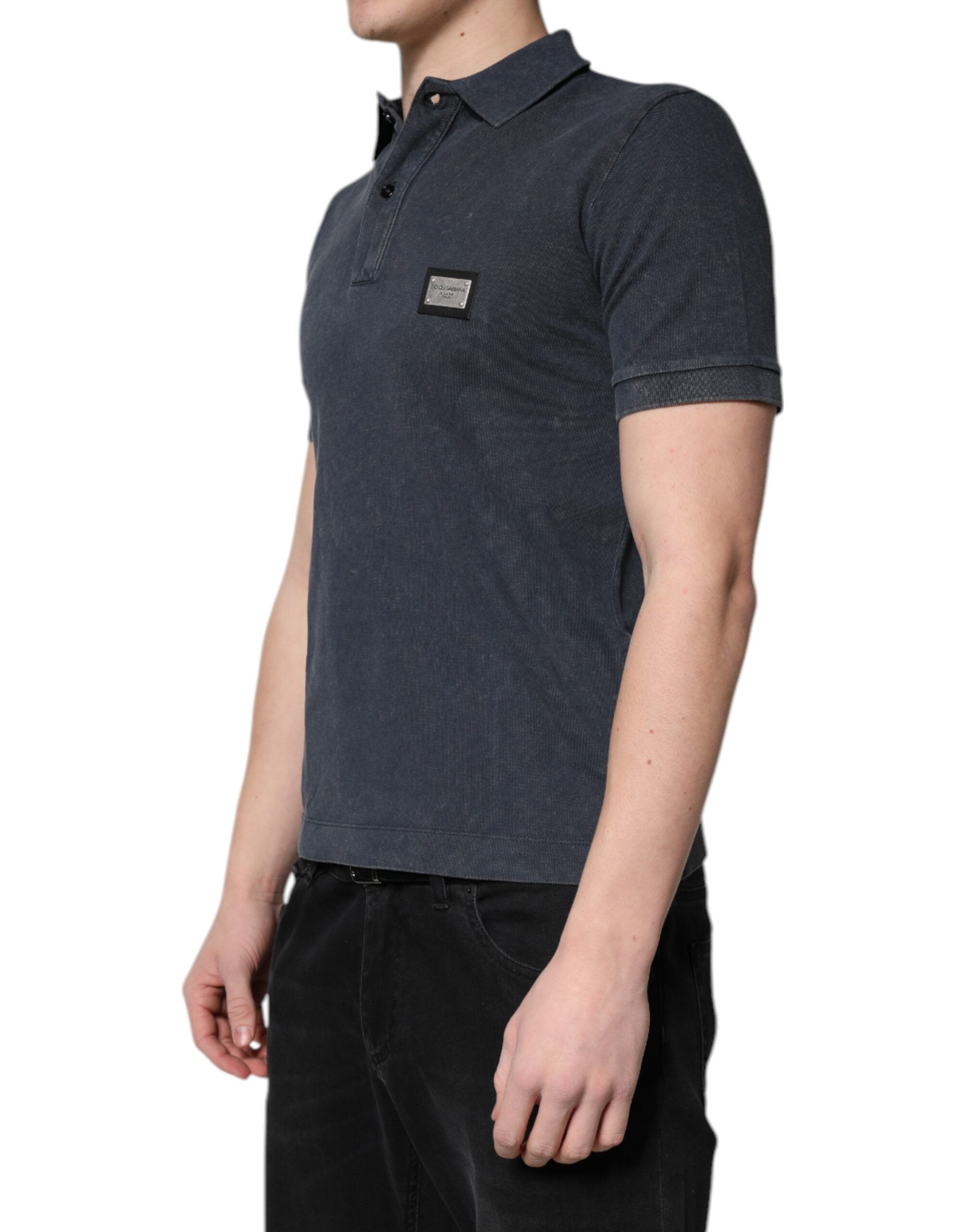 Dolce & Gabbana Dunkelblaues Logo-Plakette Baumwolle Herren-Poloshirt T-shirt-3