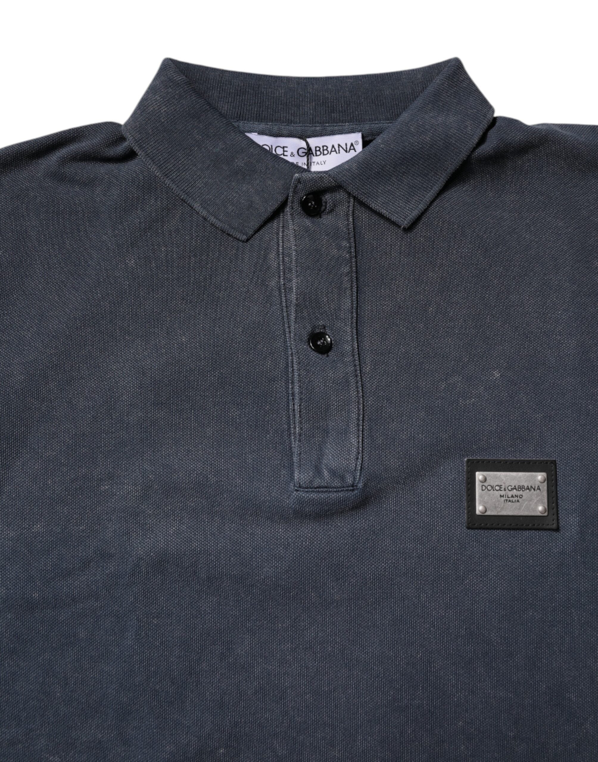 Dolce & Gabbana Dunkelblaues Logo-Plakette Baumwolle Herren-Poloshirt T-shirt-5