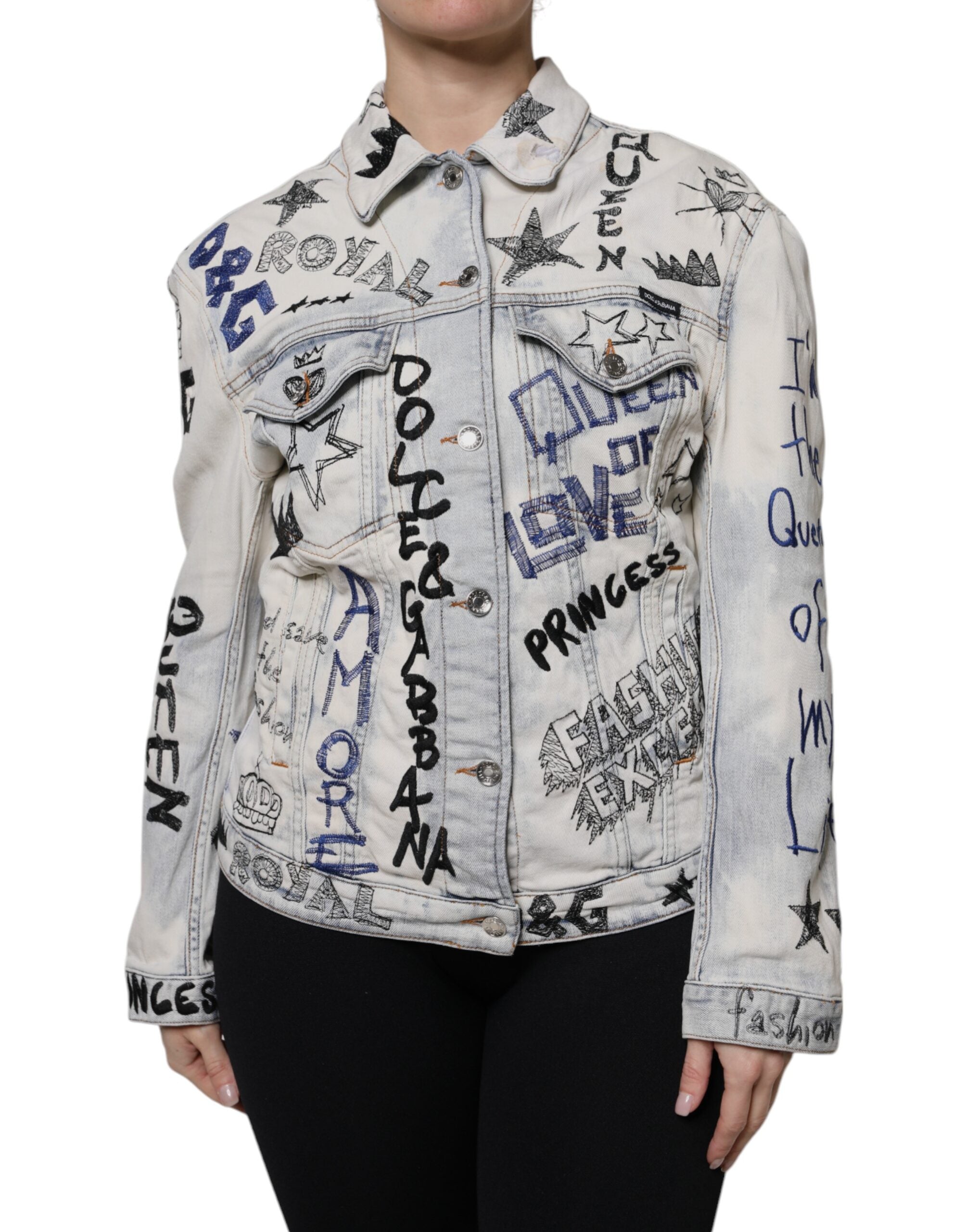 Dolce & Gabbana light blue graffiti denim jacket with button placket-2