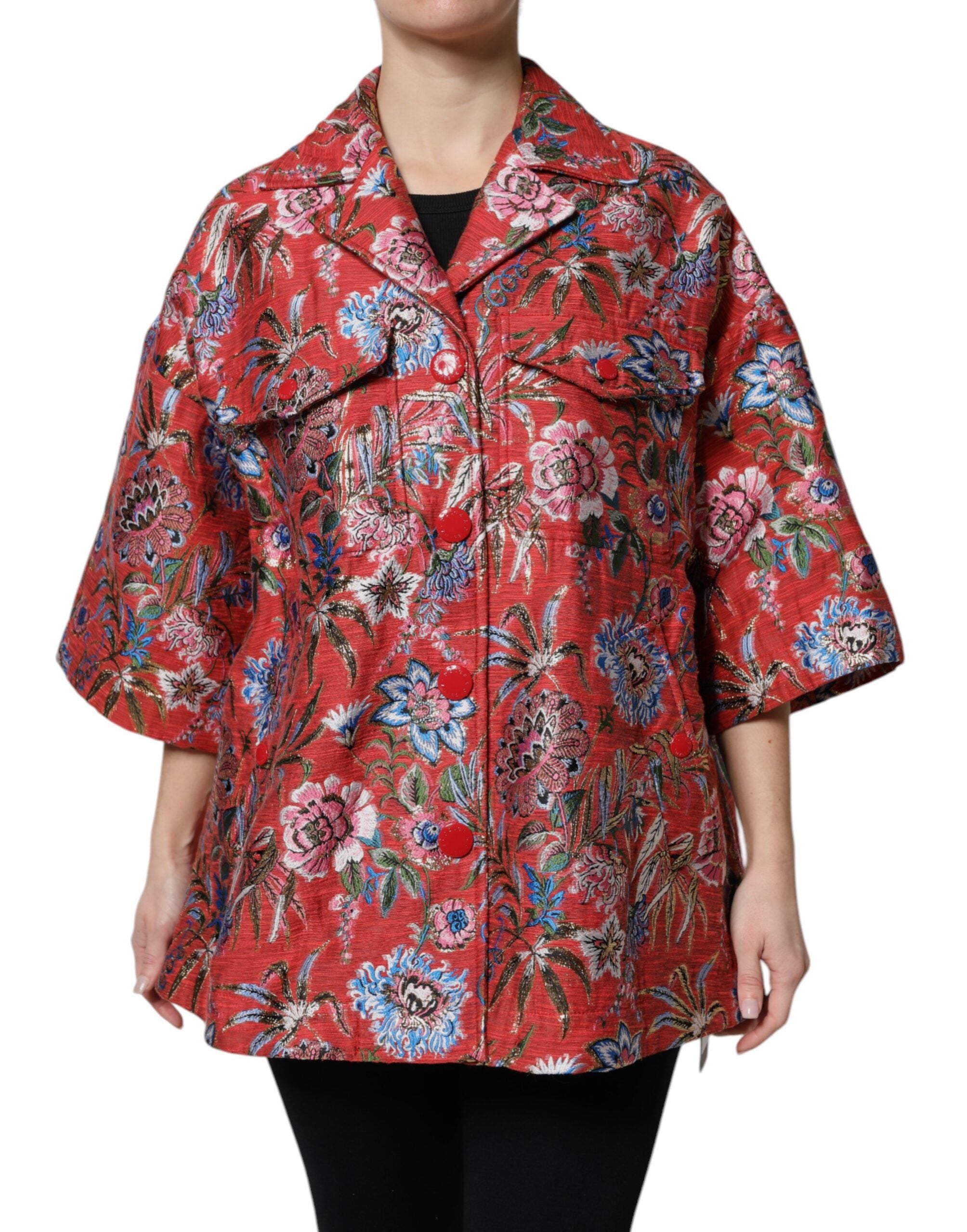 Dolce & Gabbana Red Floral Jacquard Coat with Button Placket Jacket